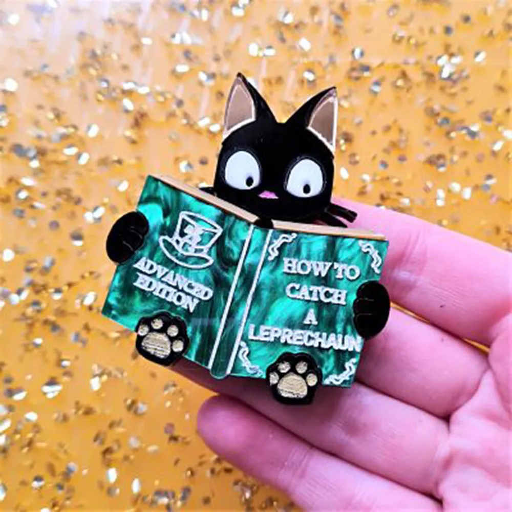 Catch A Leprechaun Book Cat Brooch by Cherryloco Jewellery