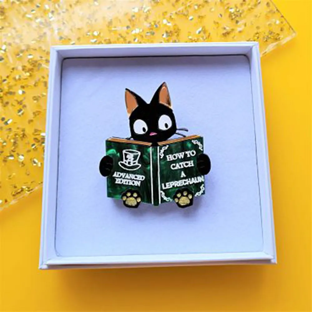 Catch A Leprechaun Book Cat Brooch by Cherryloco Jewellery