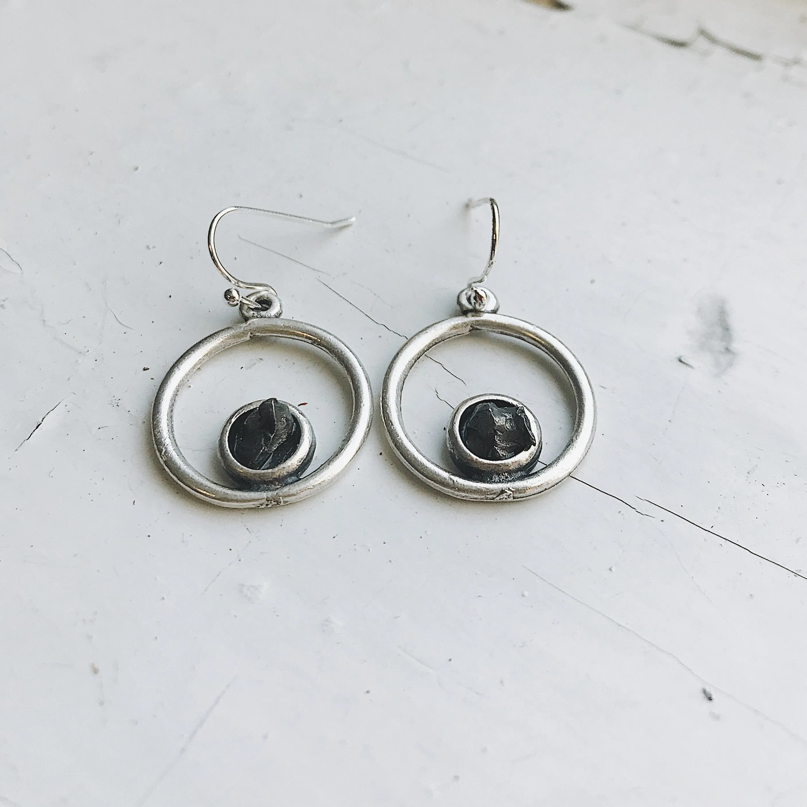 Celestial Circle Silver Earrings with Raw Meteorite - Authentic and Unique Jewelry