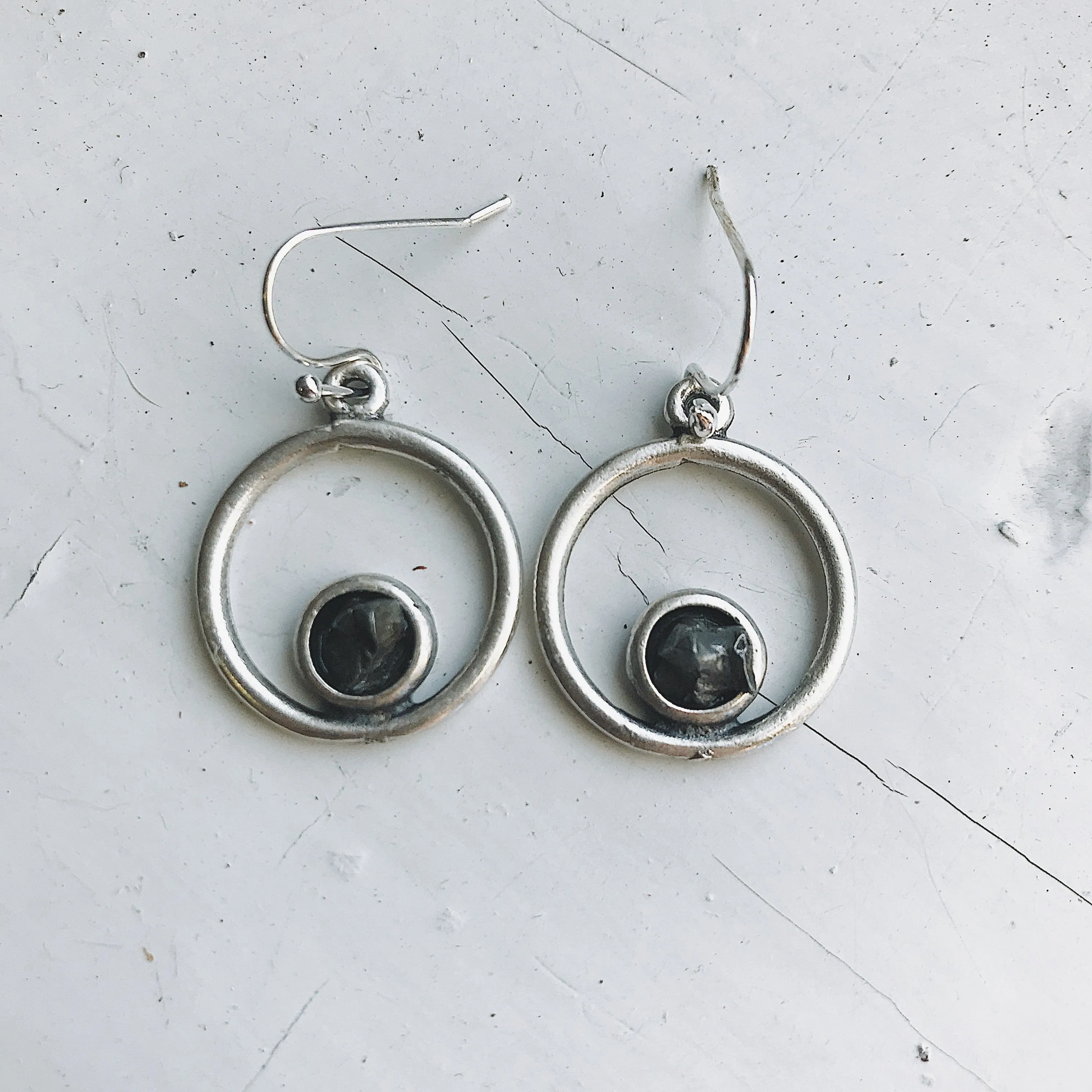 Celestial Circle Silver Earrings with Raw Meteorite - Authentic and Unique Jewelry