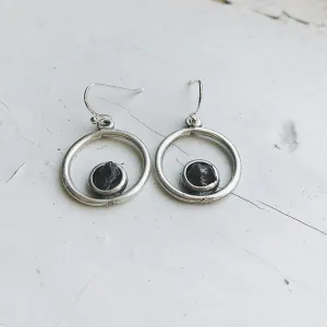 Celestial Circle Silver Earrings with Raw Meteorite - Authentic and Unique Jewelry
