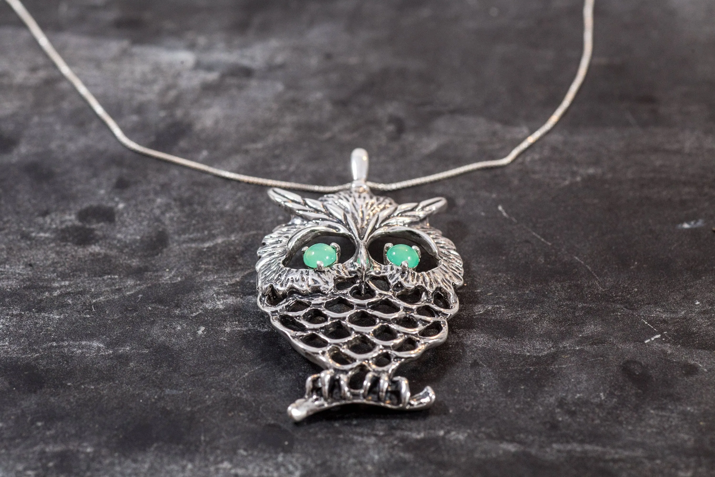 Chrysoprase Pendant - Large Owl Pendant - Real Chrysoprase Pendant
