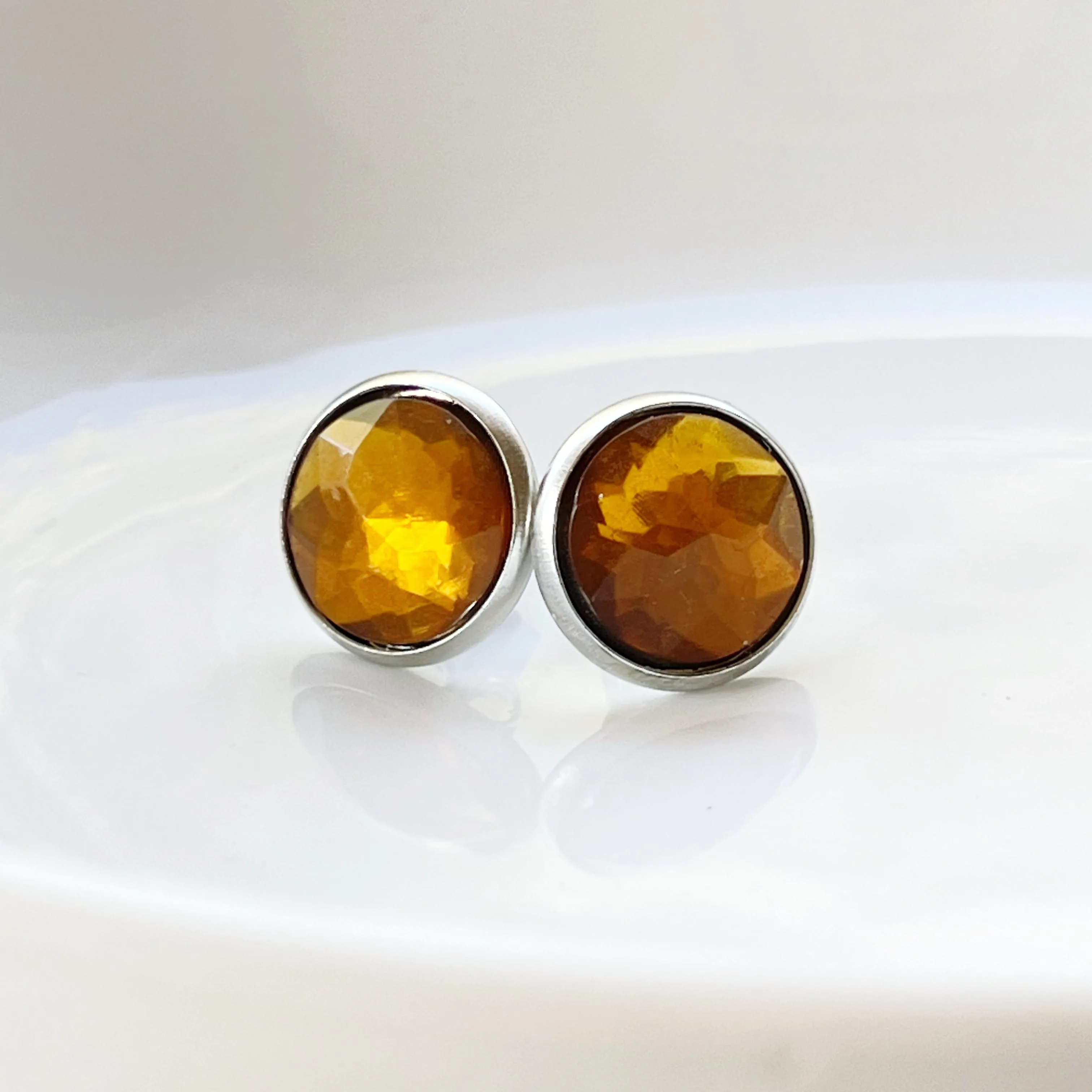 Citrine Stud Earrings - Boho Stainless Steel Design Unique Women’s & Men's Style | Topaz Accents