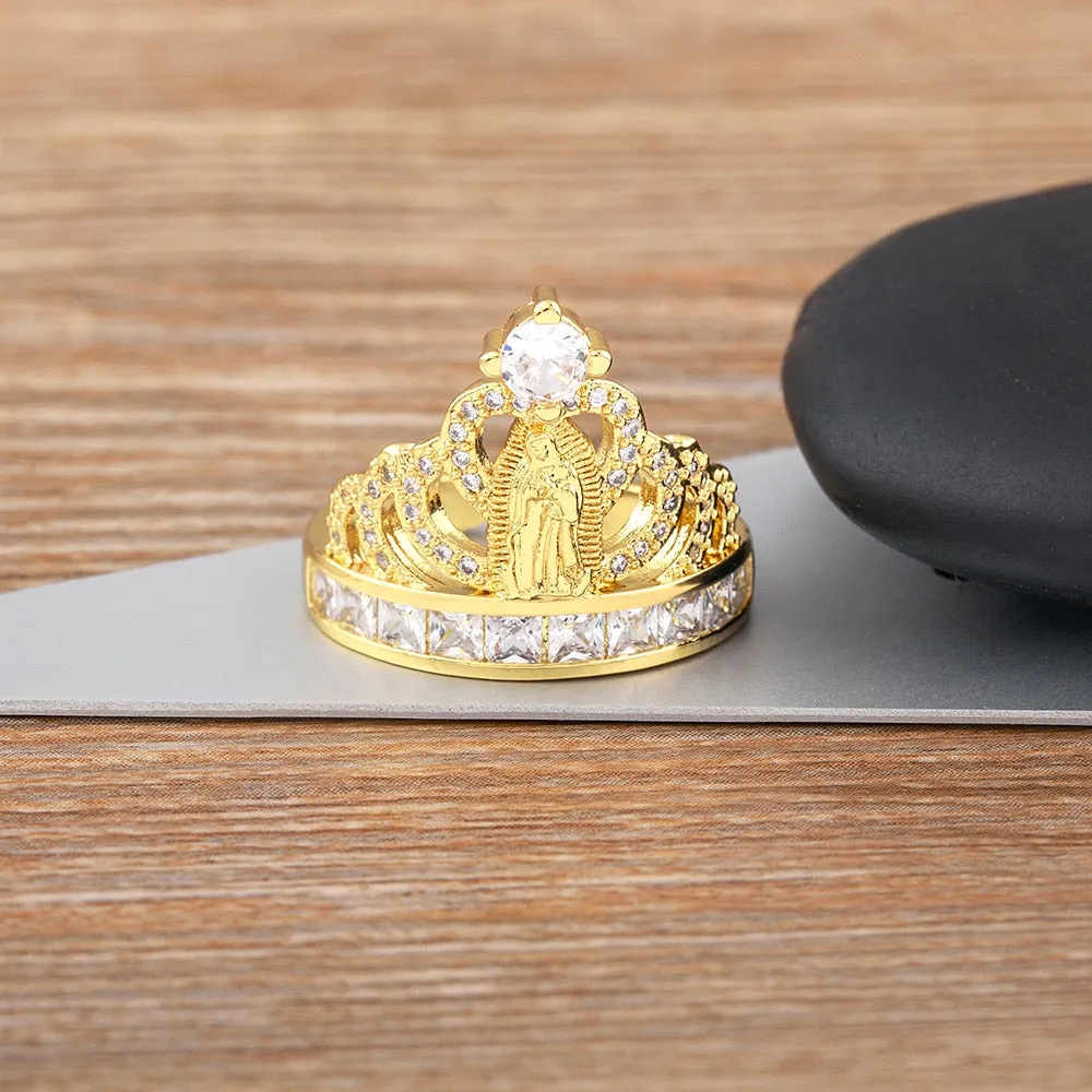 Classic Gold Plated Zircon Virgin Mary Crown Open Ring