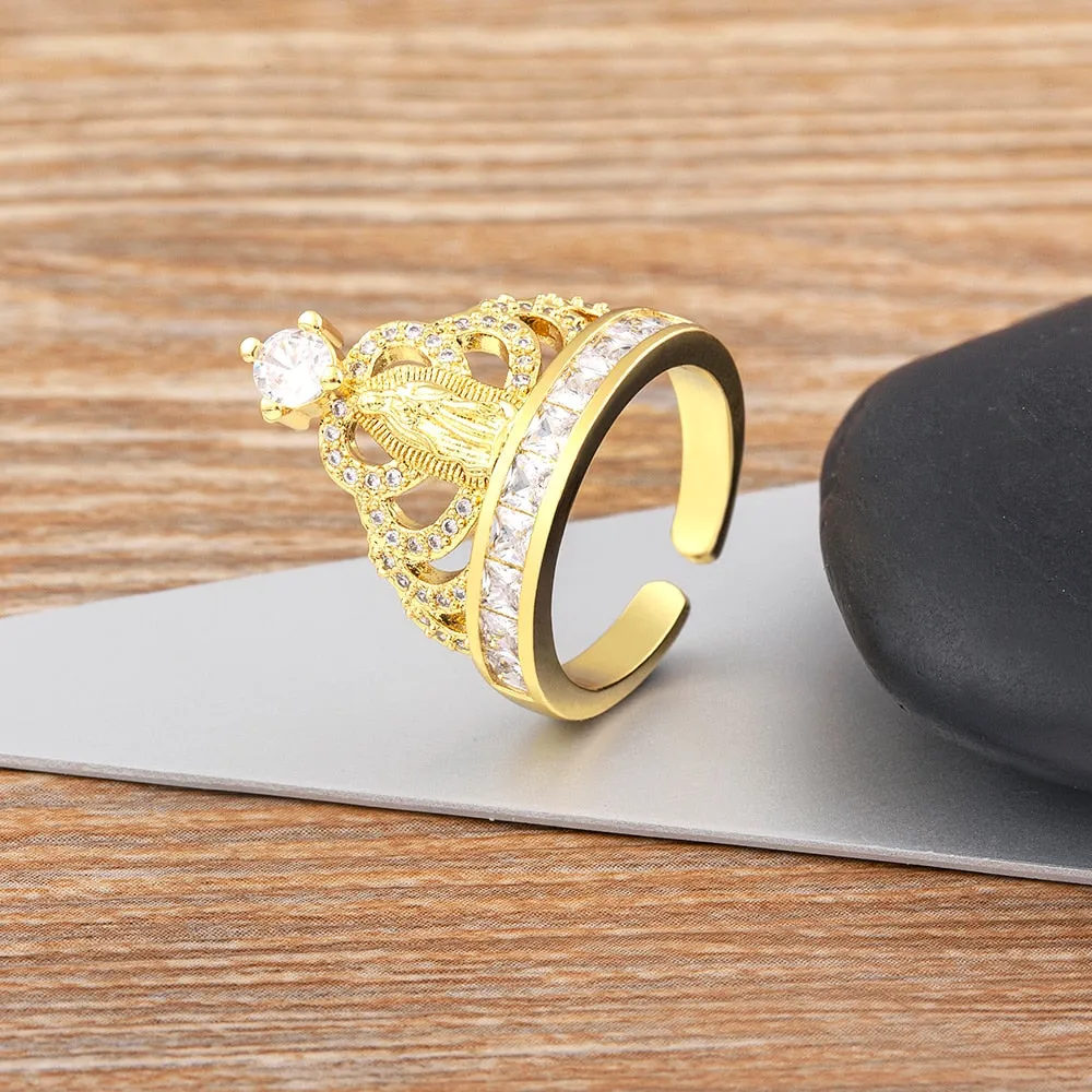 Classic Gold Plated Zircon Virgin Mary Crown Open Ring