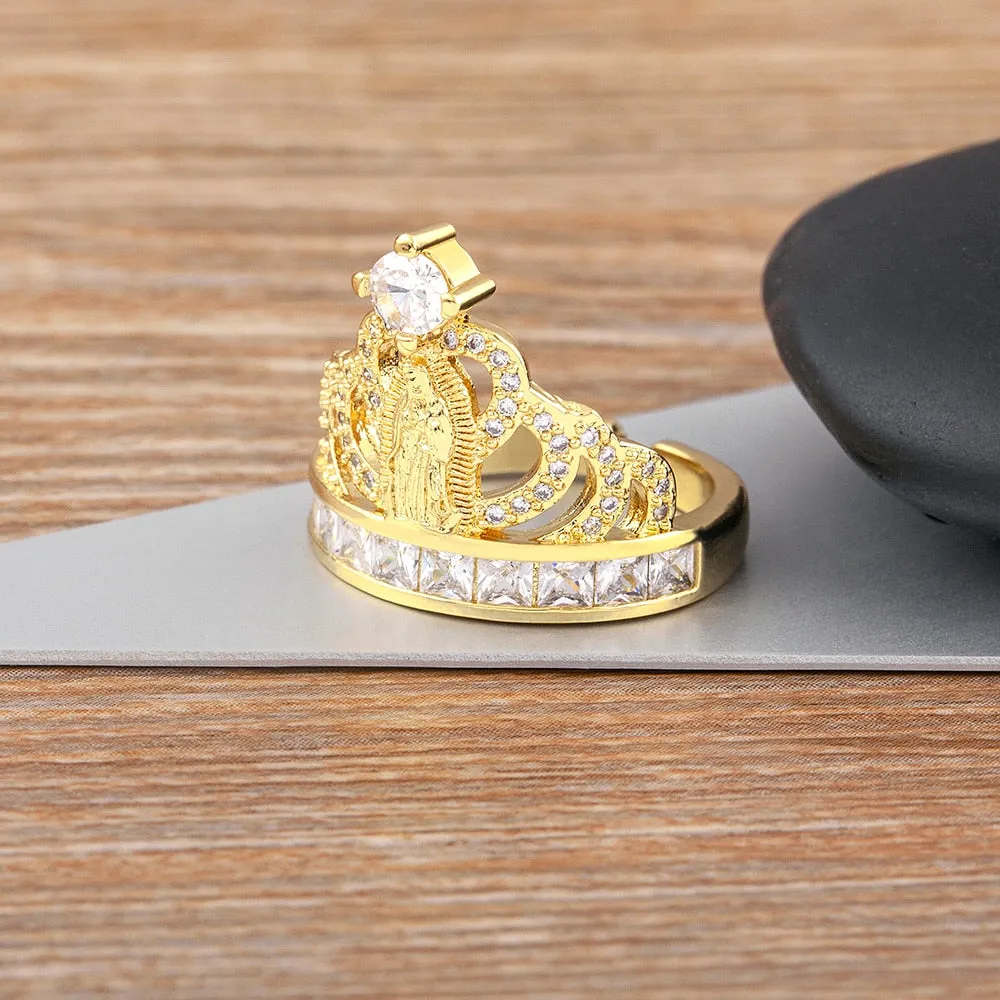 Classic Gold Plated Zircon Virgin Mary Crown Open Ring