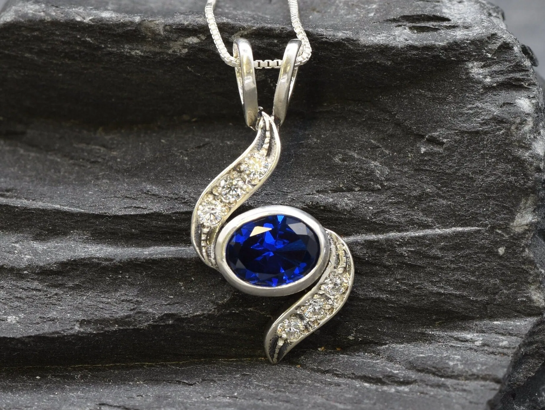 Classy Sapphire Pendant - Blue Wave Necklace - Unique Vintage Necklace