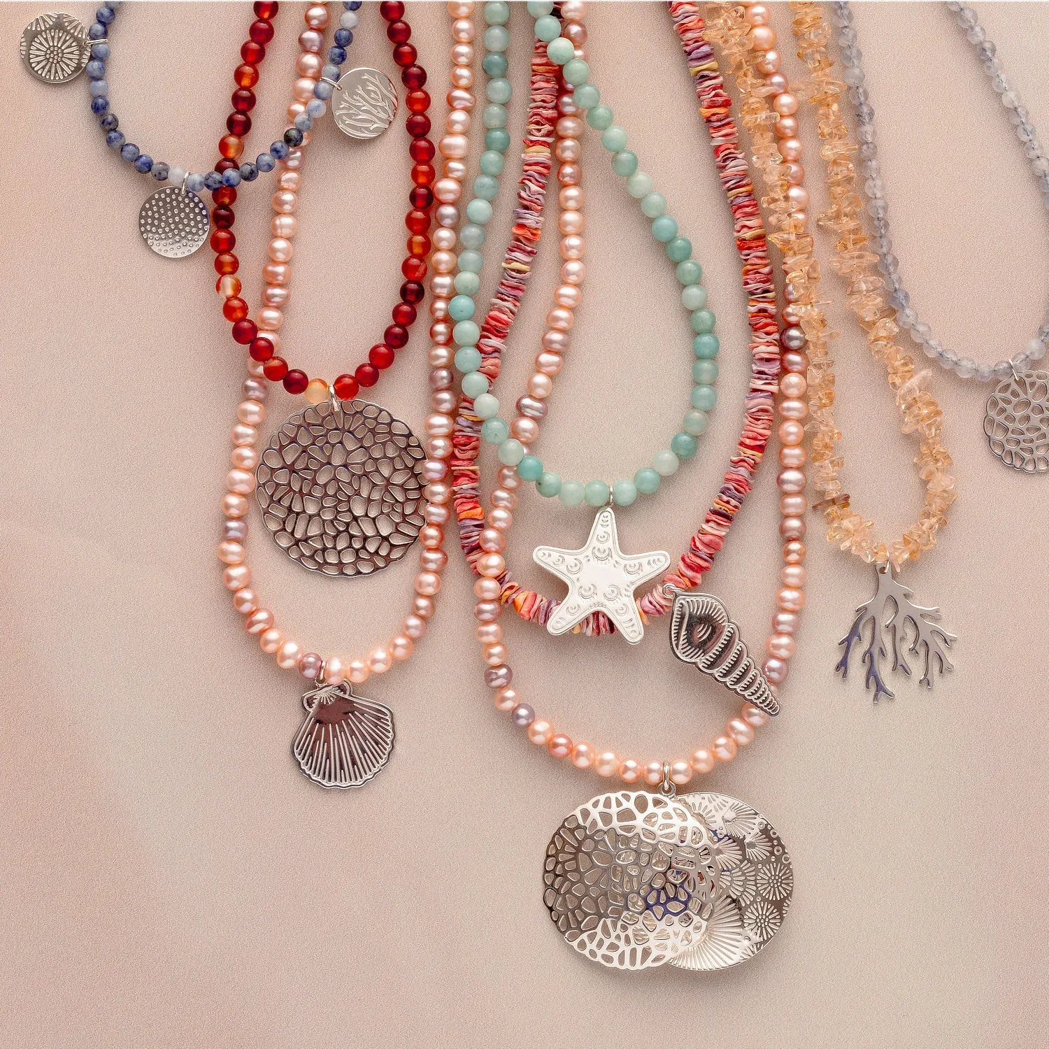 Coral Reef Open Locket on Peach Pearl Necklace