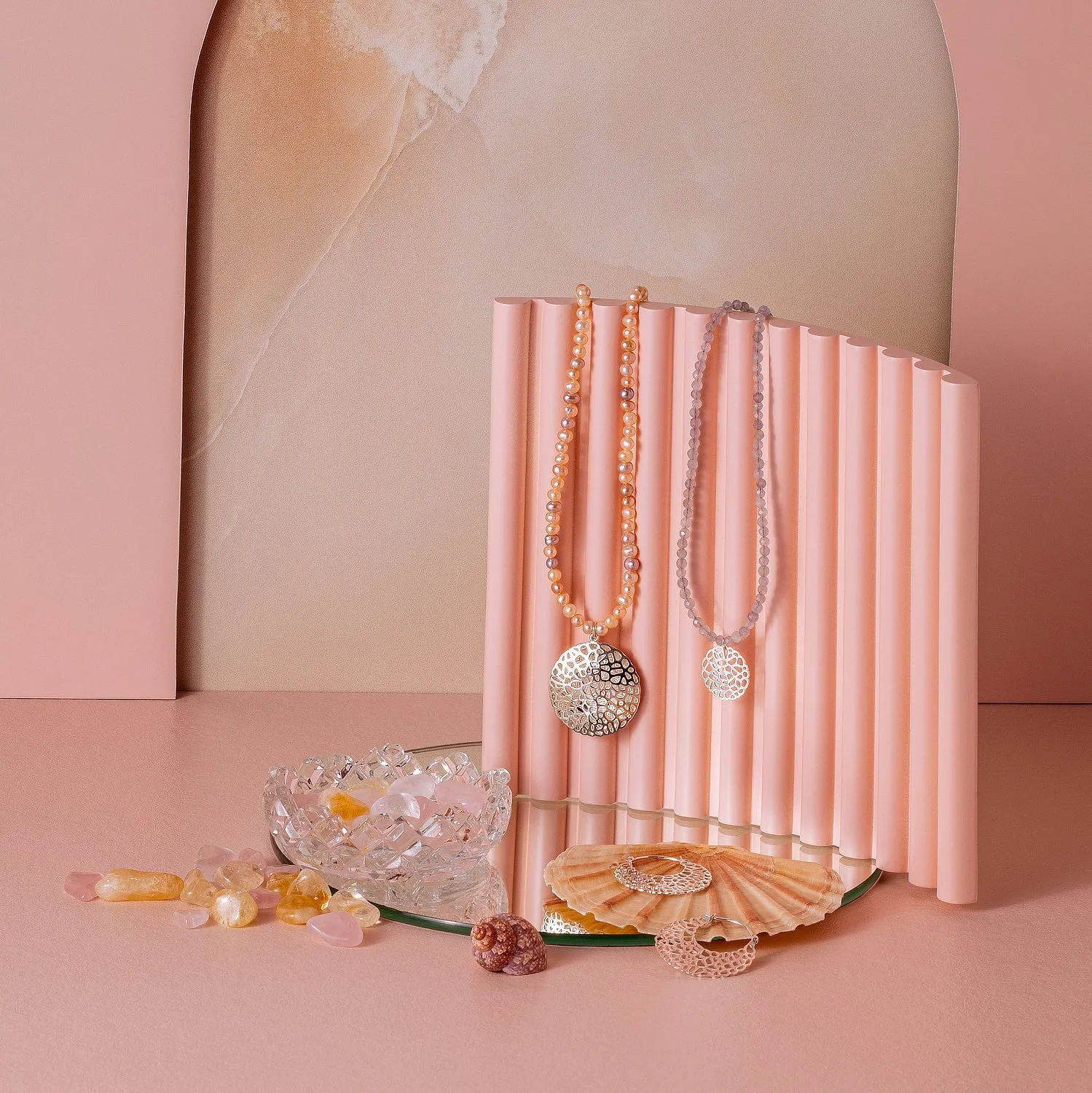 Coral Reef Open Locket on Peach Pearl Necklace