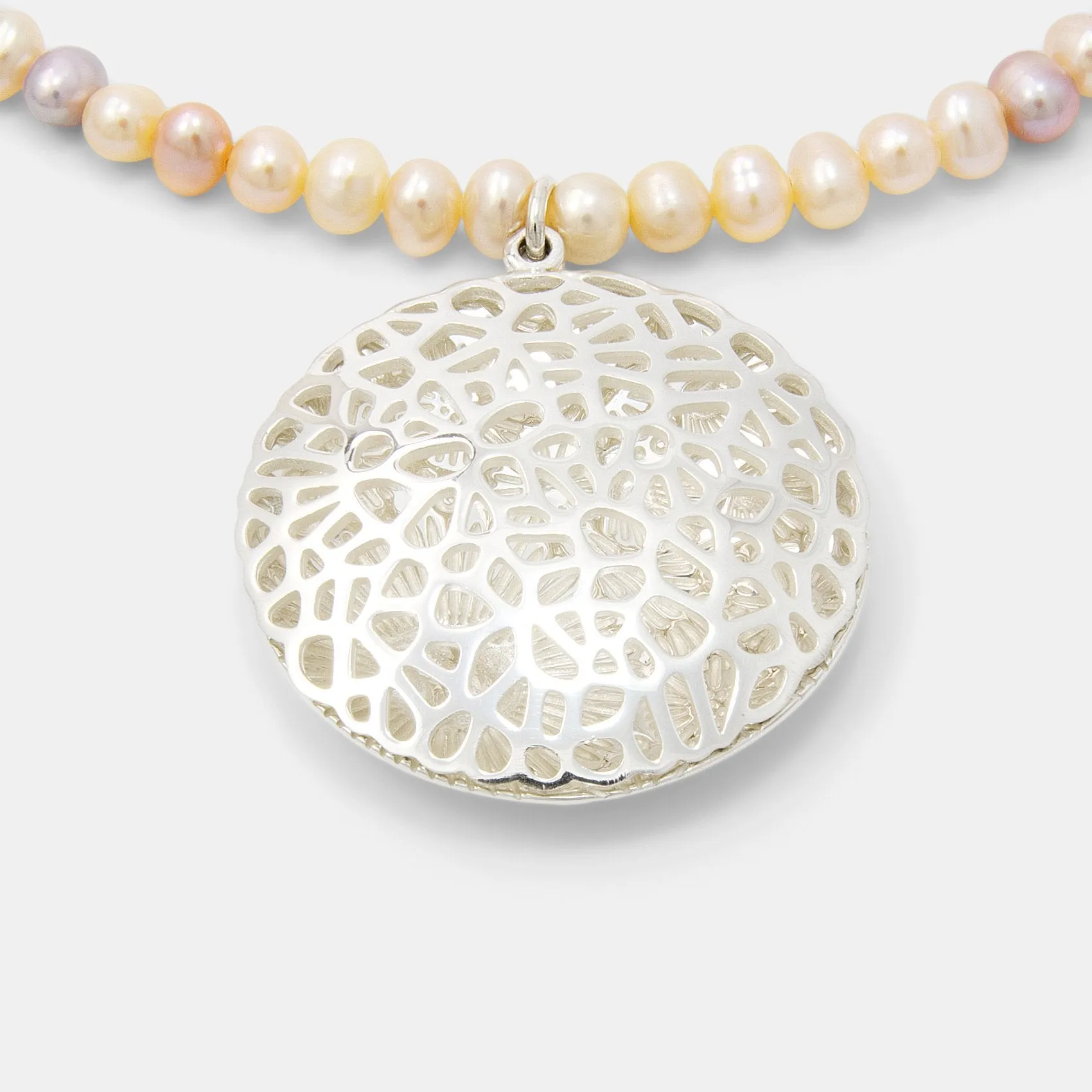 Coral Reef Open Locket on Peach Pearl Necklace