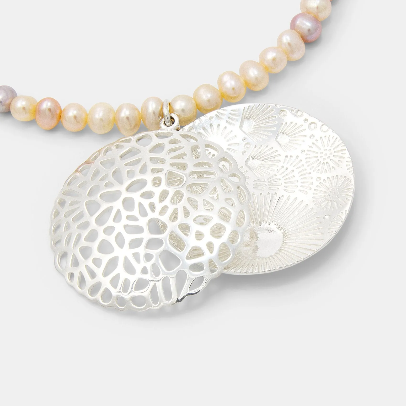 Coral Reef Open Locket on Peach Pearl Necklace