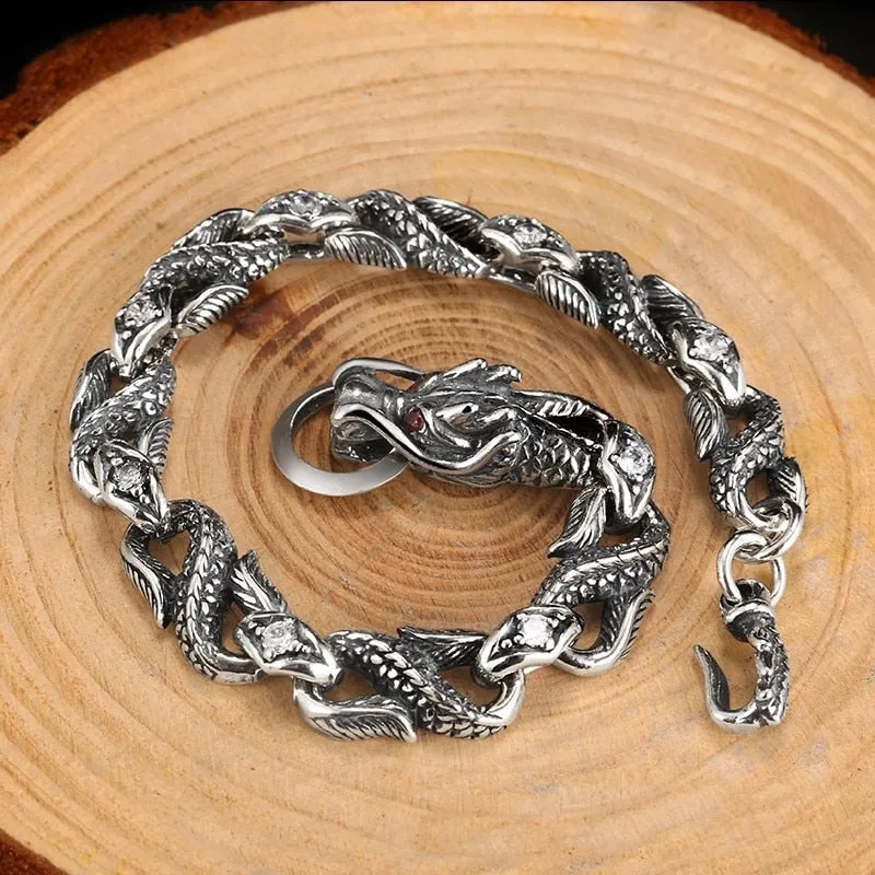 Cubic Zirconia Red Eye Dragon 925 Sterling Silver Biker Bracelet