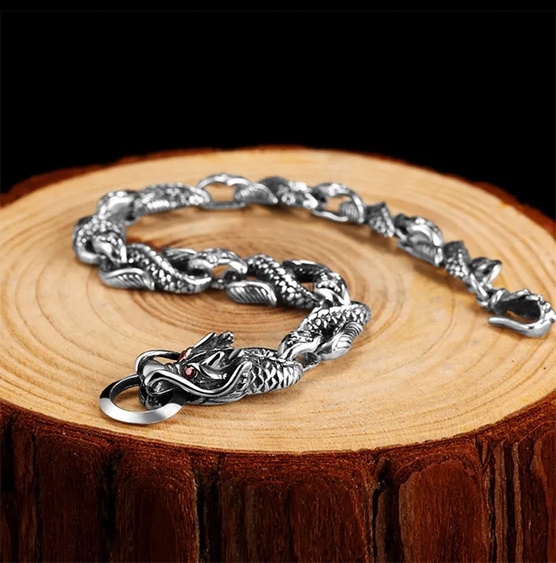 Cubic Zirconia Red Eye Dragon 925 Sterling Silver Biker Bracelet