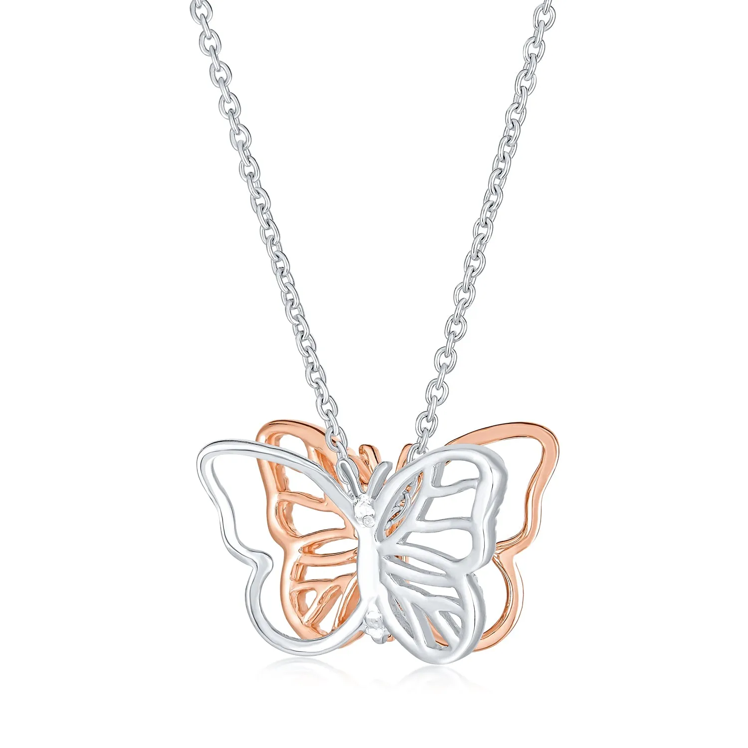Dainty Garden 3D Butterfly Pendant Necklace Two-Tone Rose Gold & Silver Chain