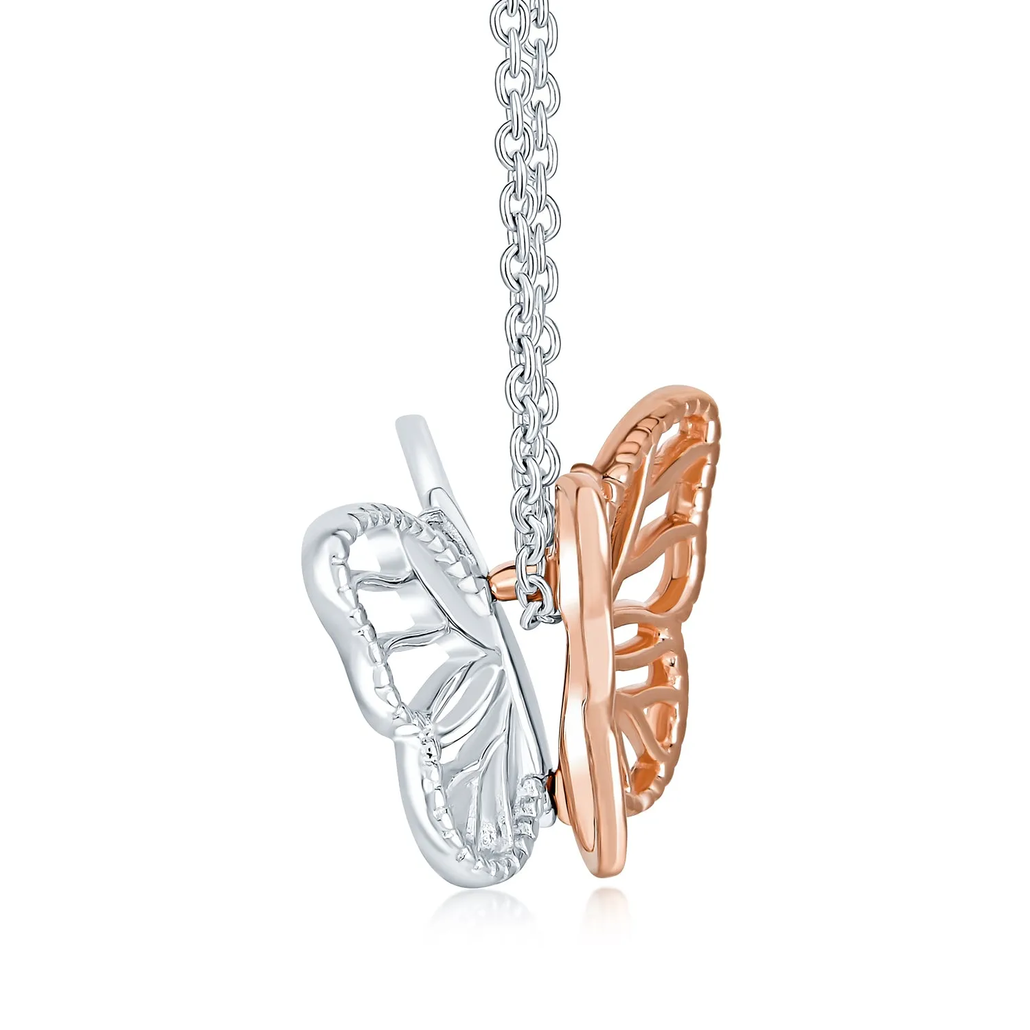 Dainty Garden 3D Butterfly Pendant Necklace Two-Tone Rose Gold & Silver Chain