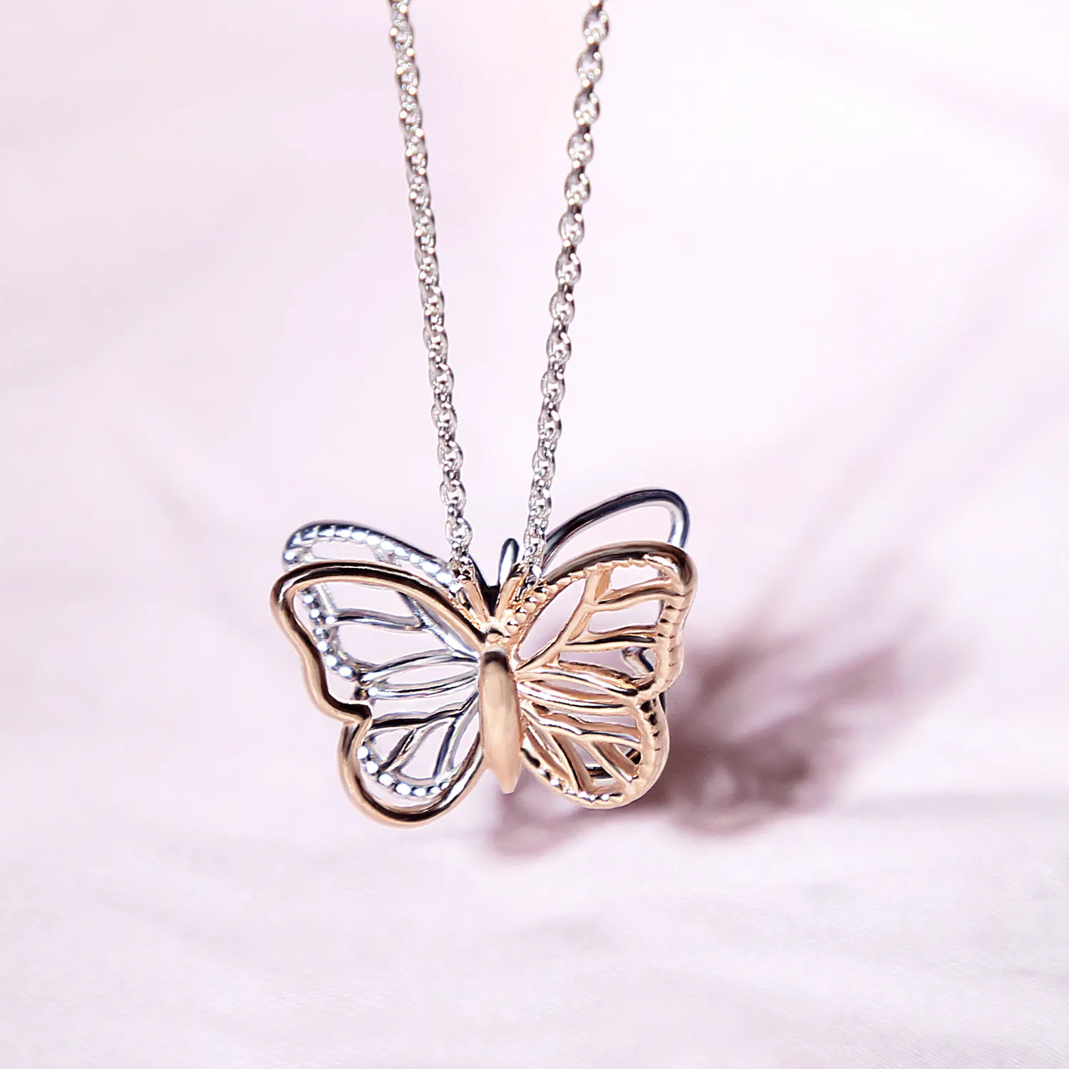 Dainty Garden 3D Butterfly Pendant Necklace Two-Tone Rose Gold & Silver Chain