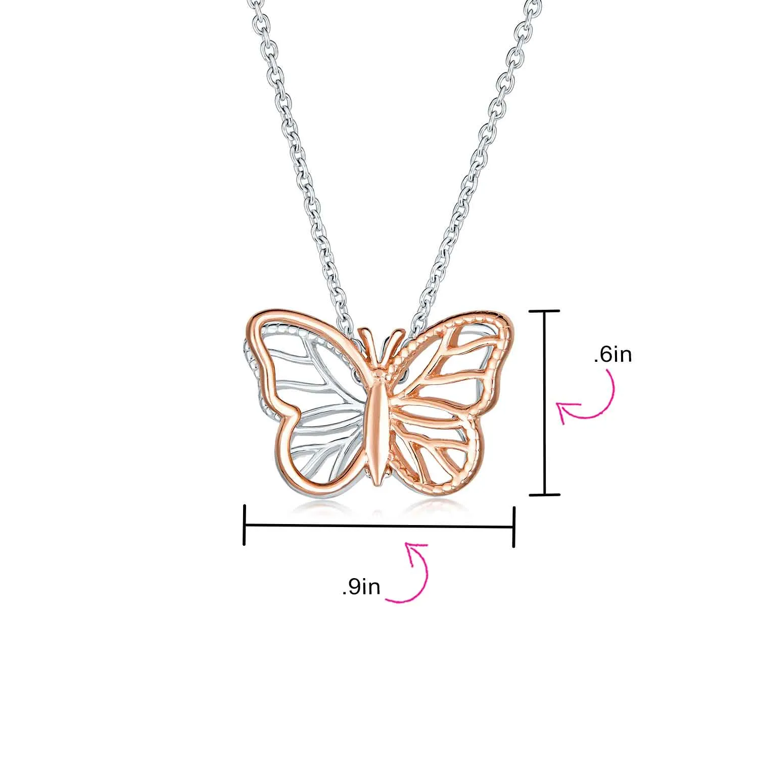 Dainty Garden 3D Butterfly Pendant Necklace Two-Tone Rose Gold & Silver Chain