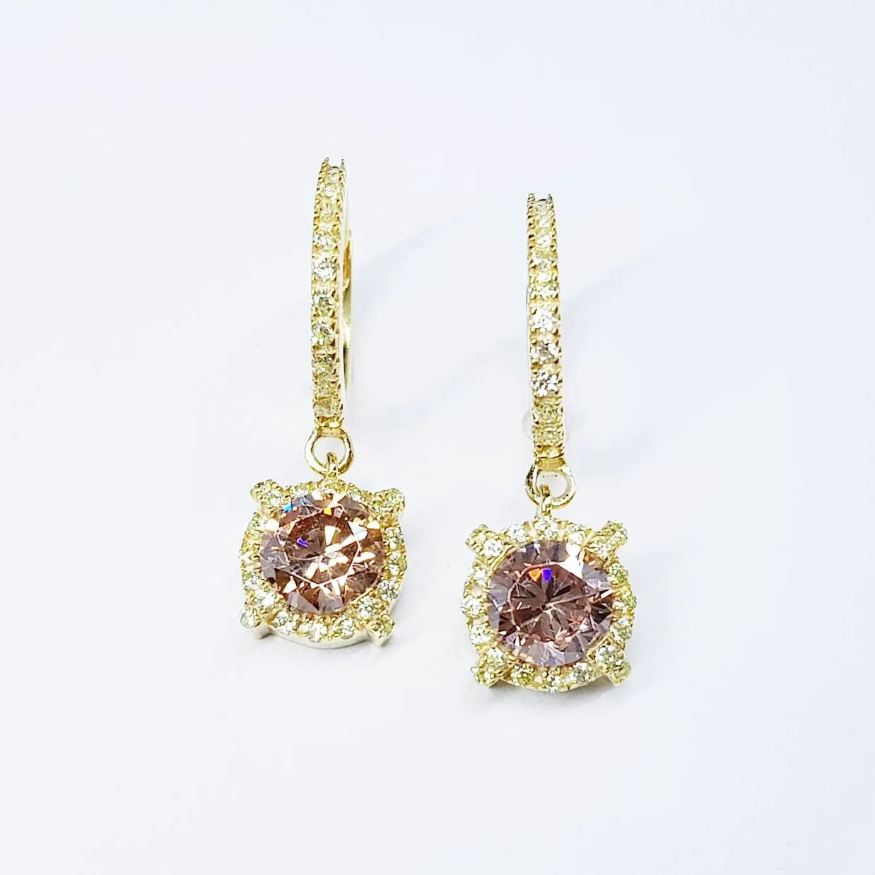 Dainty hoop earrings with small champagne pink drop, cute pink hoop earrings, thin gold plated hoops