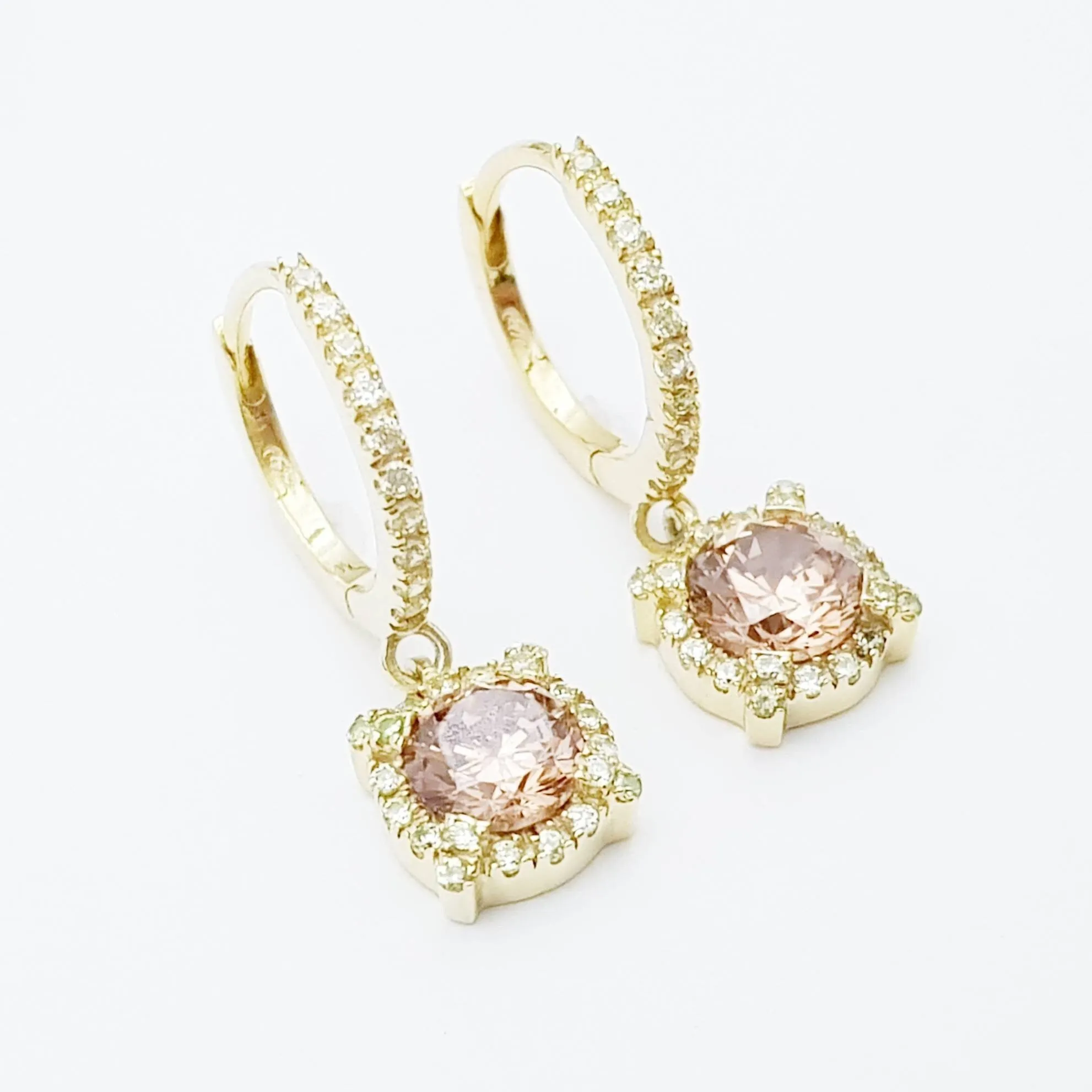 Dainty hoop earrings with small champagne pink drop, cute pink hoop earrings, thin gold plated hoops