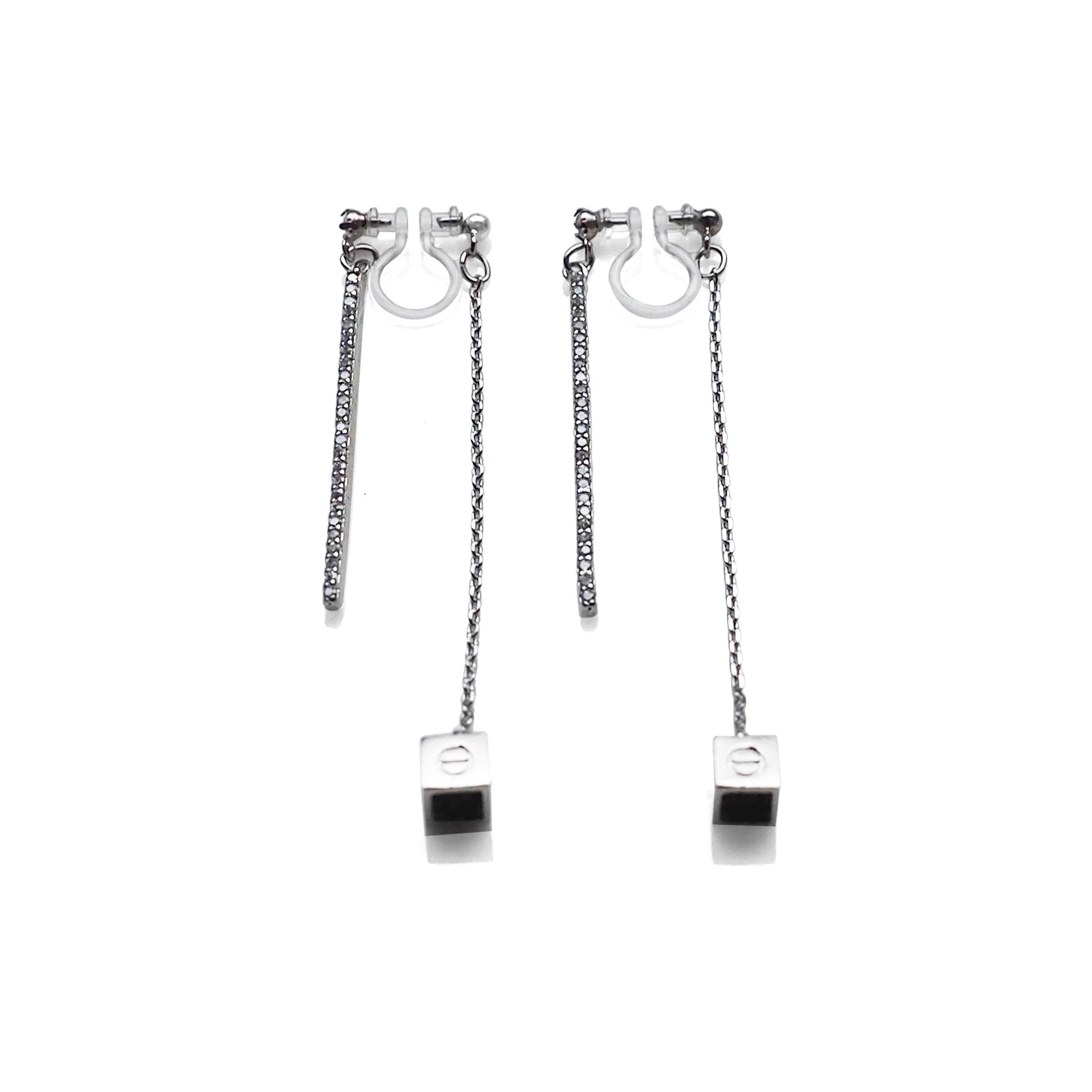 Double sided rhinestone & cube invisible clip on earrings (Silver tone)