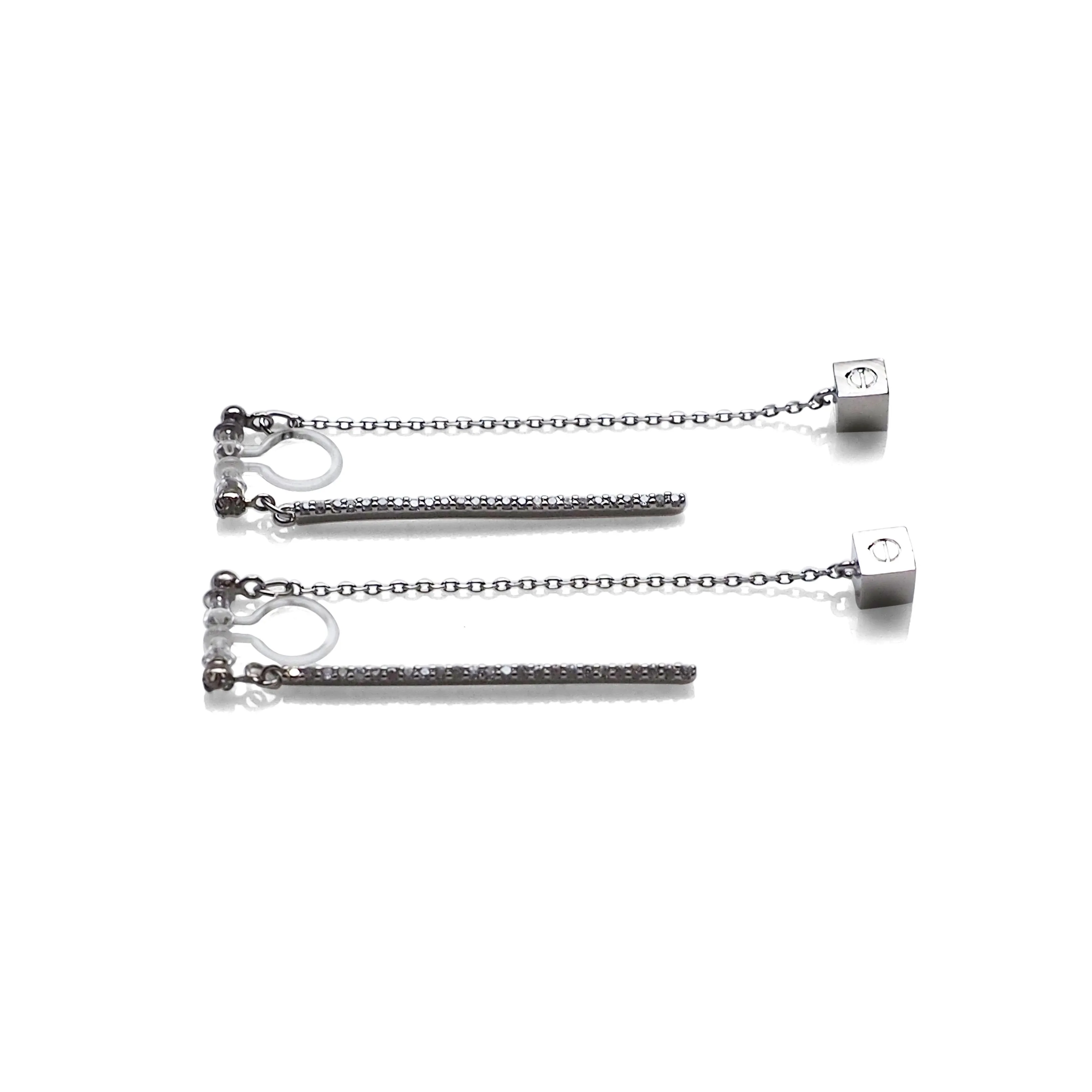 Double sided rhinestone & cube invisible clip on earrings (Silver tone)