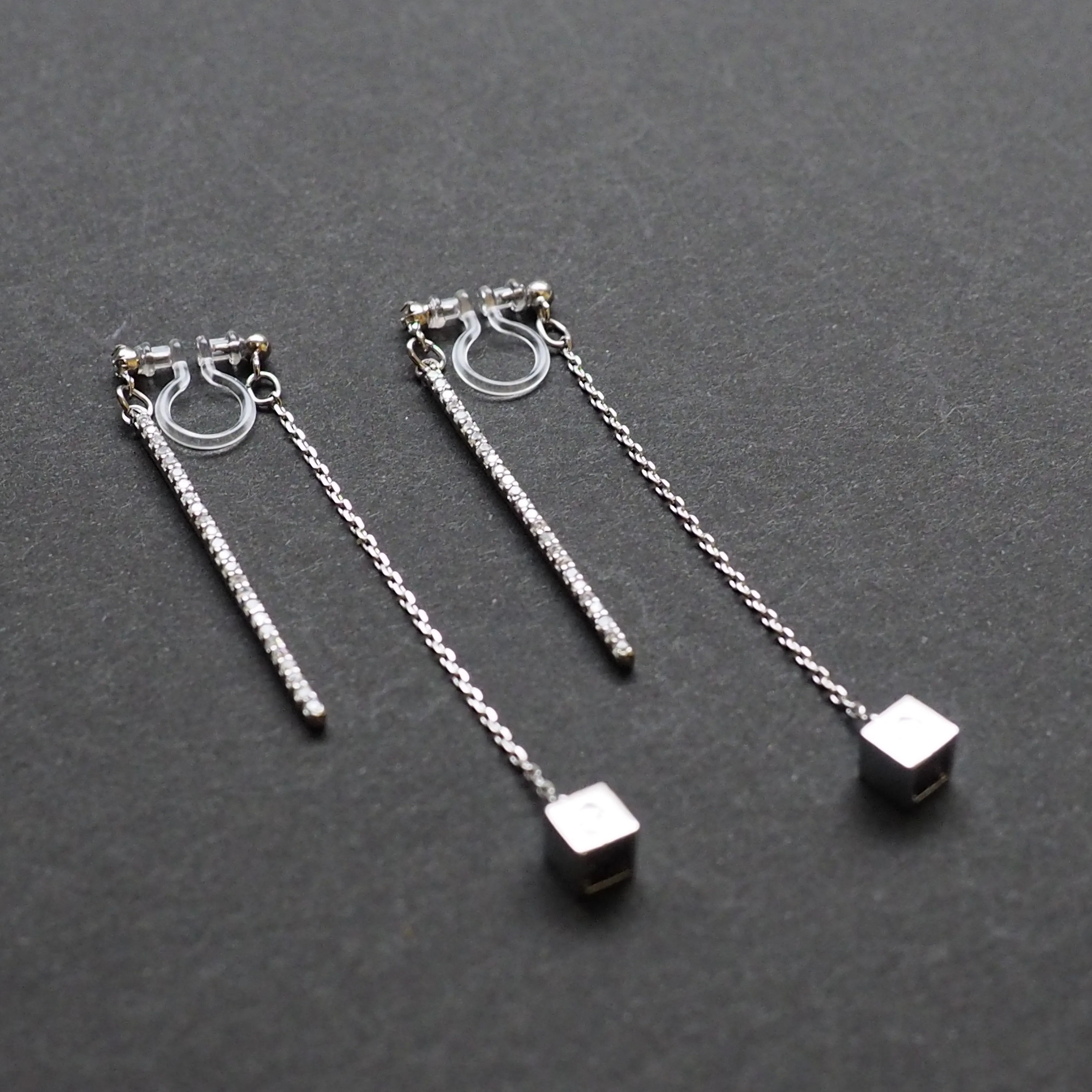 Double sided rhinestone & cube invisible clip on earrings (Silver tone)