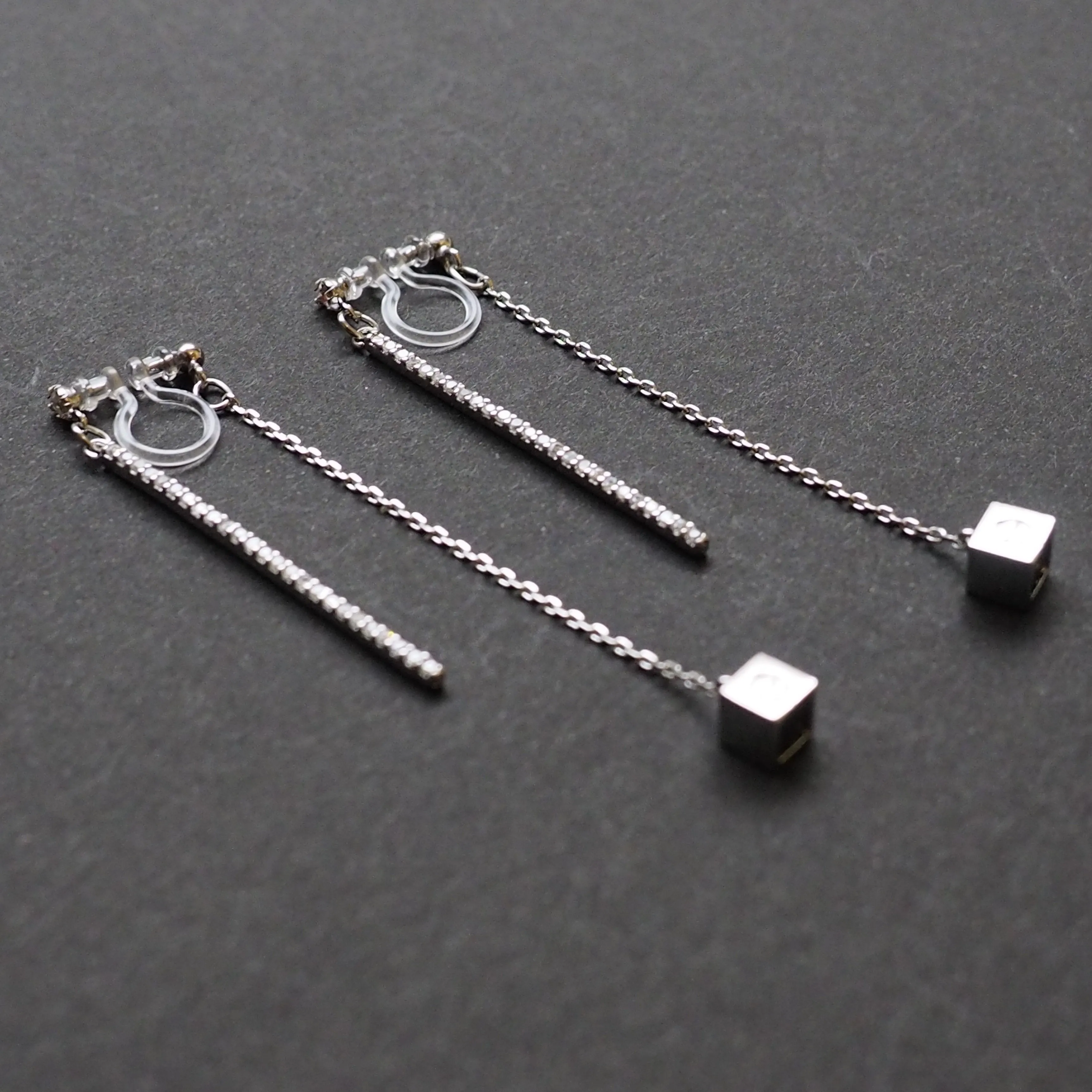 Double sided rhinestone & cube invisible clip on earrings (Silver tone)