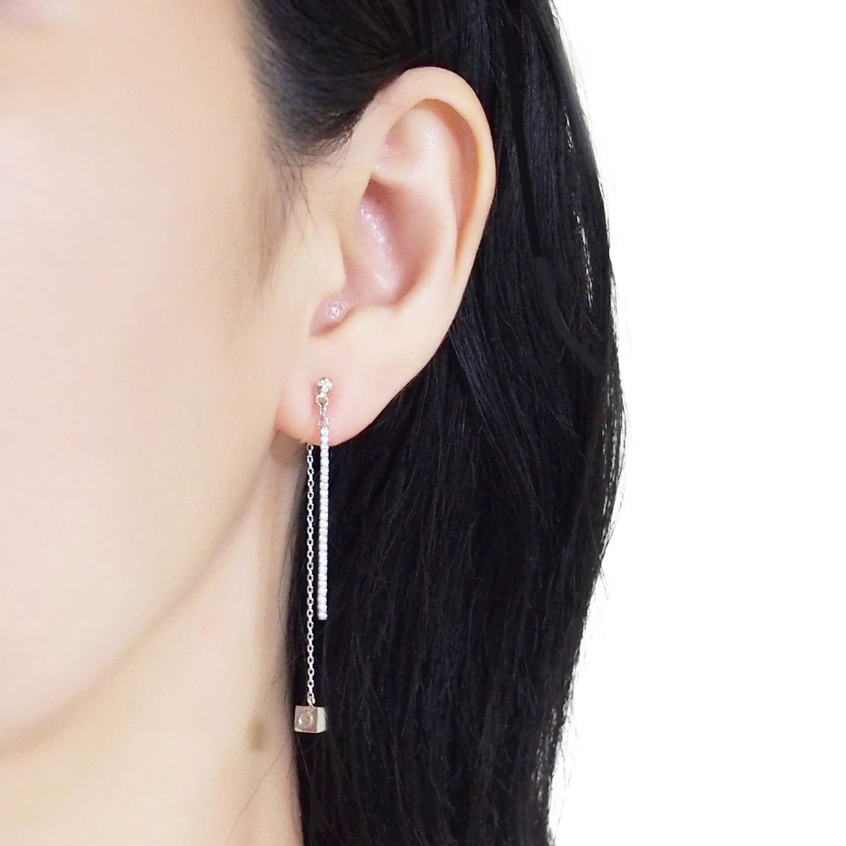 Double sided rhinestone & cube invisible clip on earrings (Silver tone)