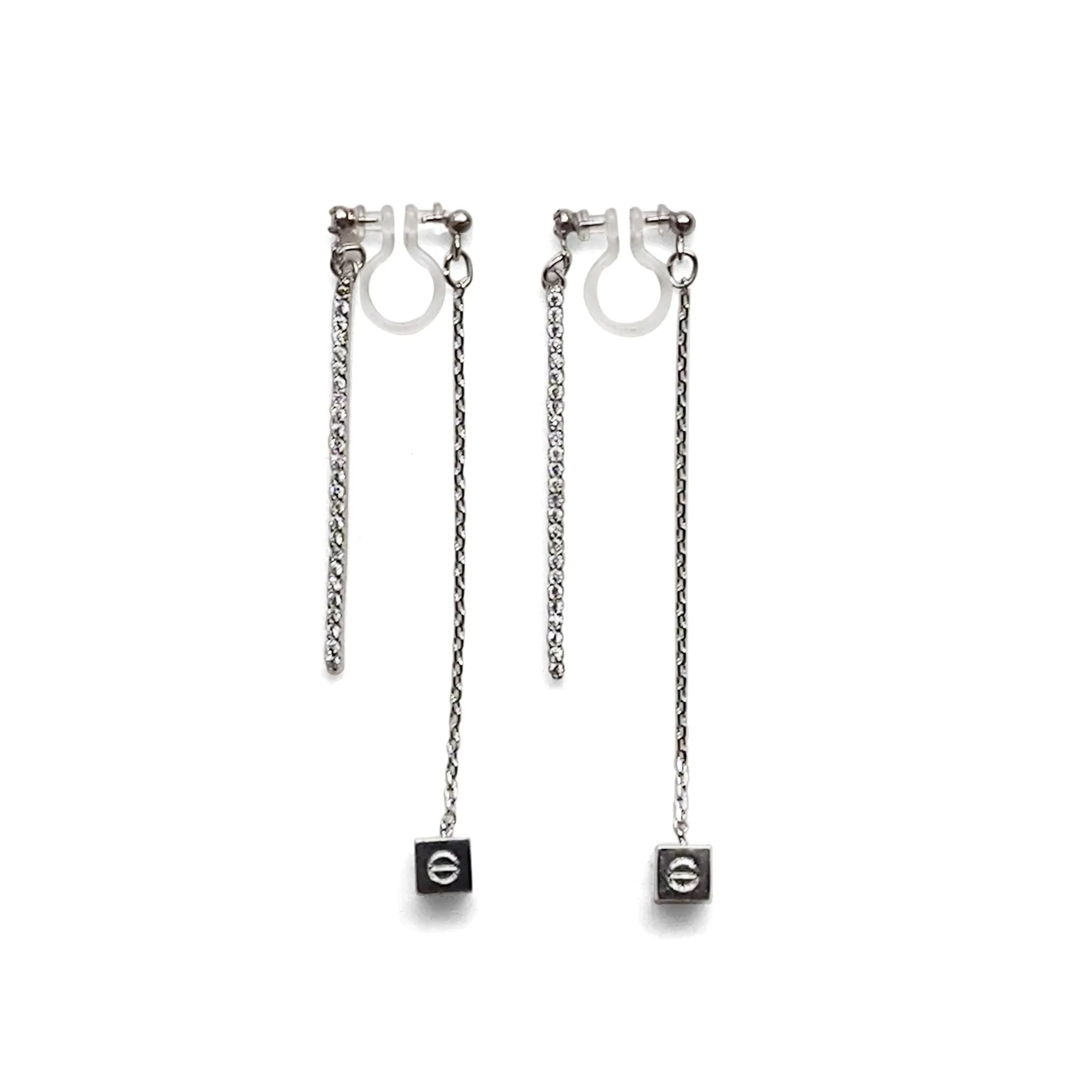 Double sided rhinestone & cube invisible clip on earrings (Silver tone)