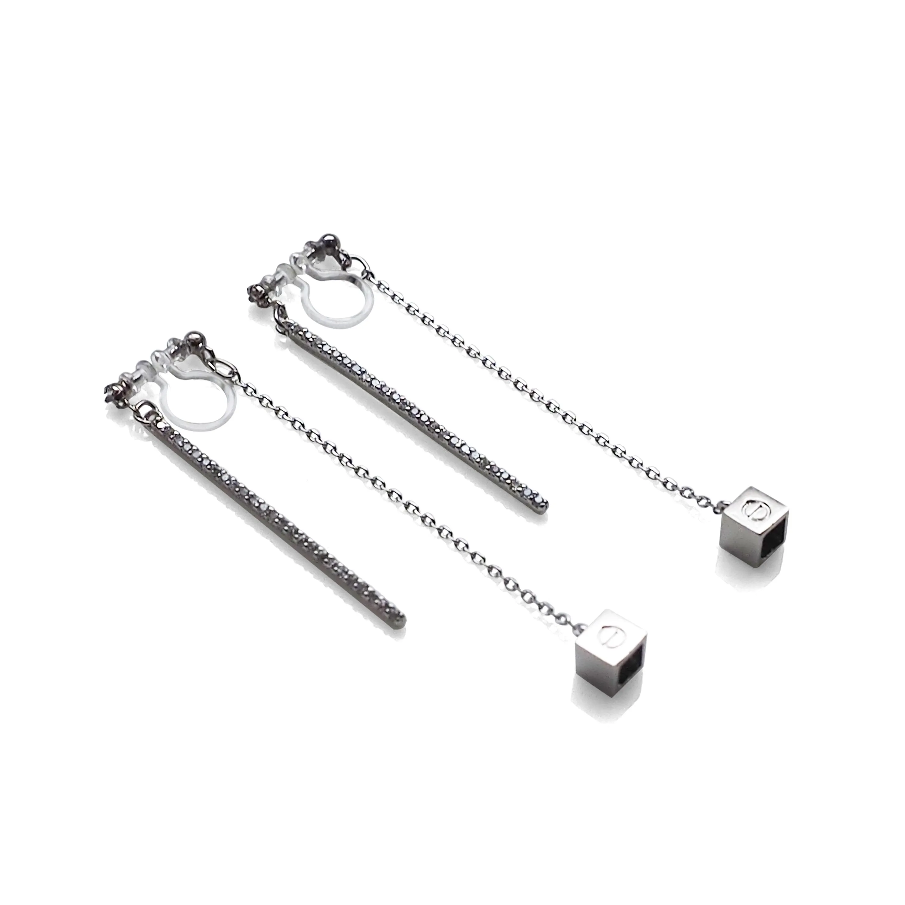 Double sided rhinestone & cube invisible clip on earrings (Silver tone)
