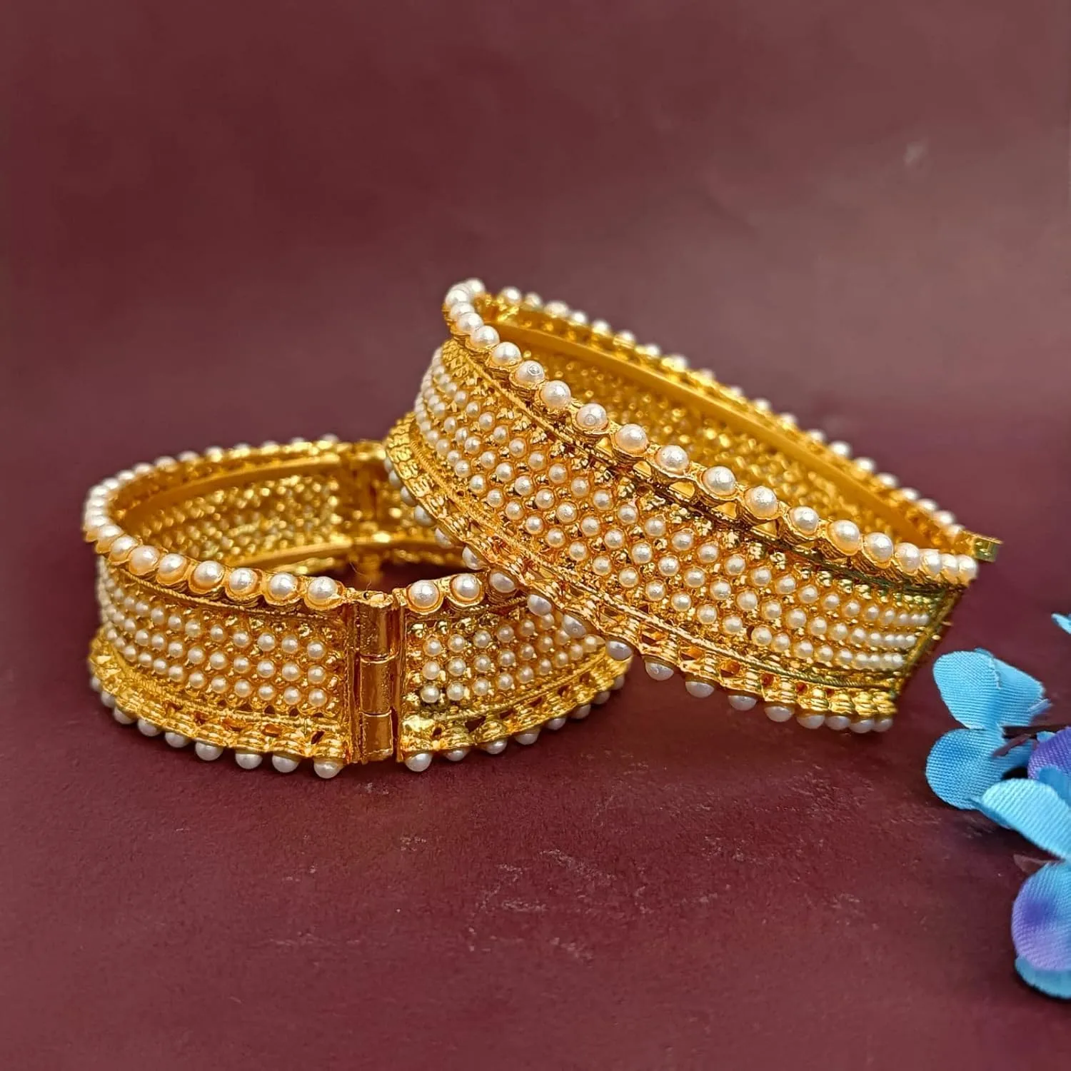 Efulgenz Indian Bangles for Women Gold Tone Traditional Bridal Faux Pearl Beaded Bracelets Bollywood Jewelry Fashion Wedding Bracelet Bangle Set (2 Pcs)