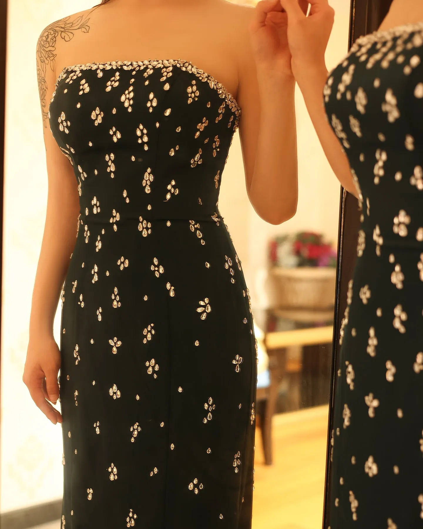 Elegant Rhinestones Strapless Emerald Green Evening Dress SS221