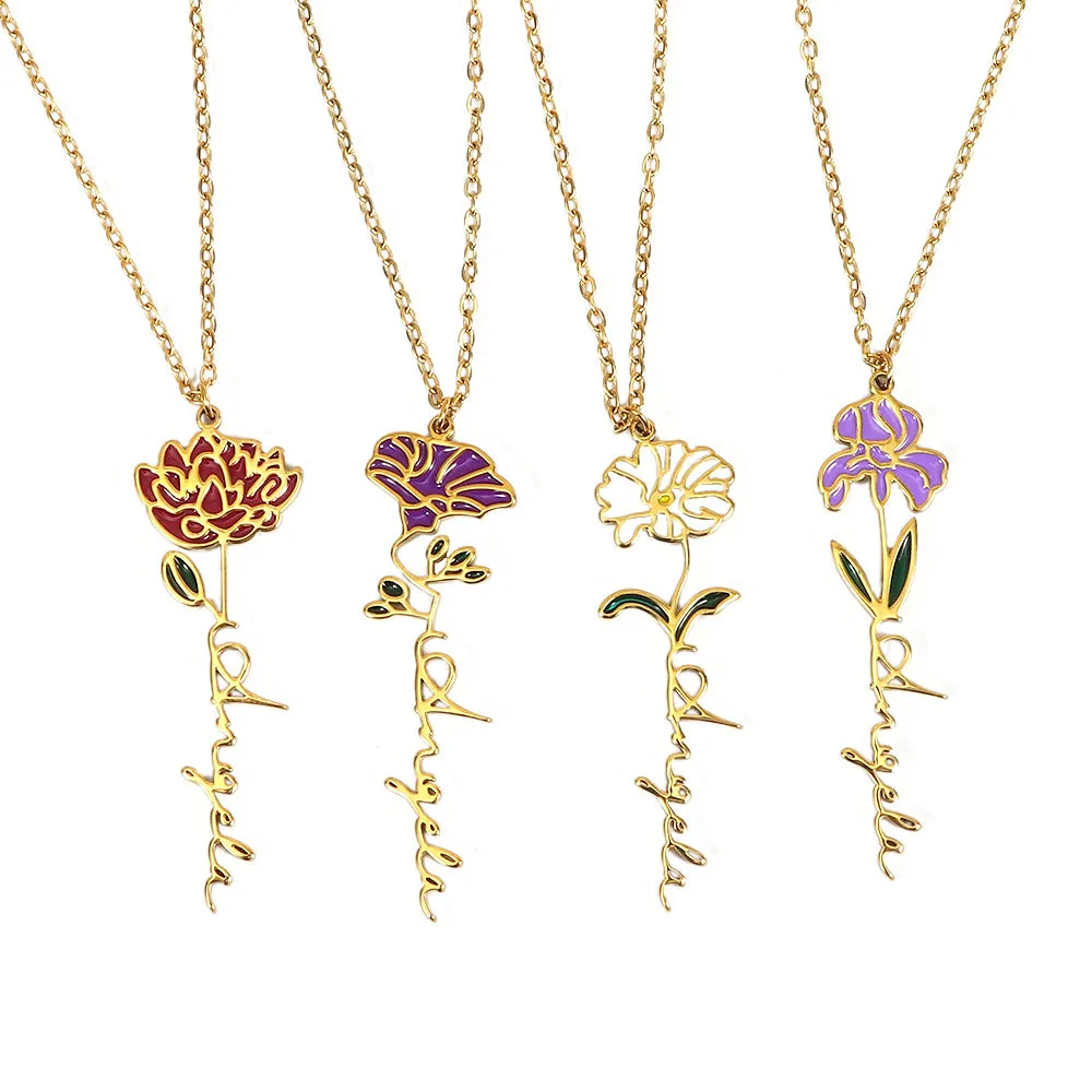 Enamel Birth Flower Name Necklace Dainty Name Necklace With Birth Flower