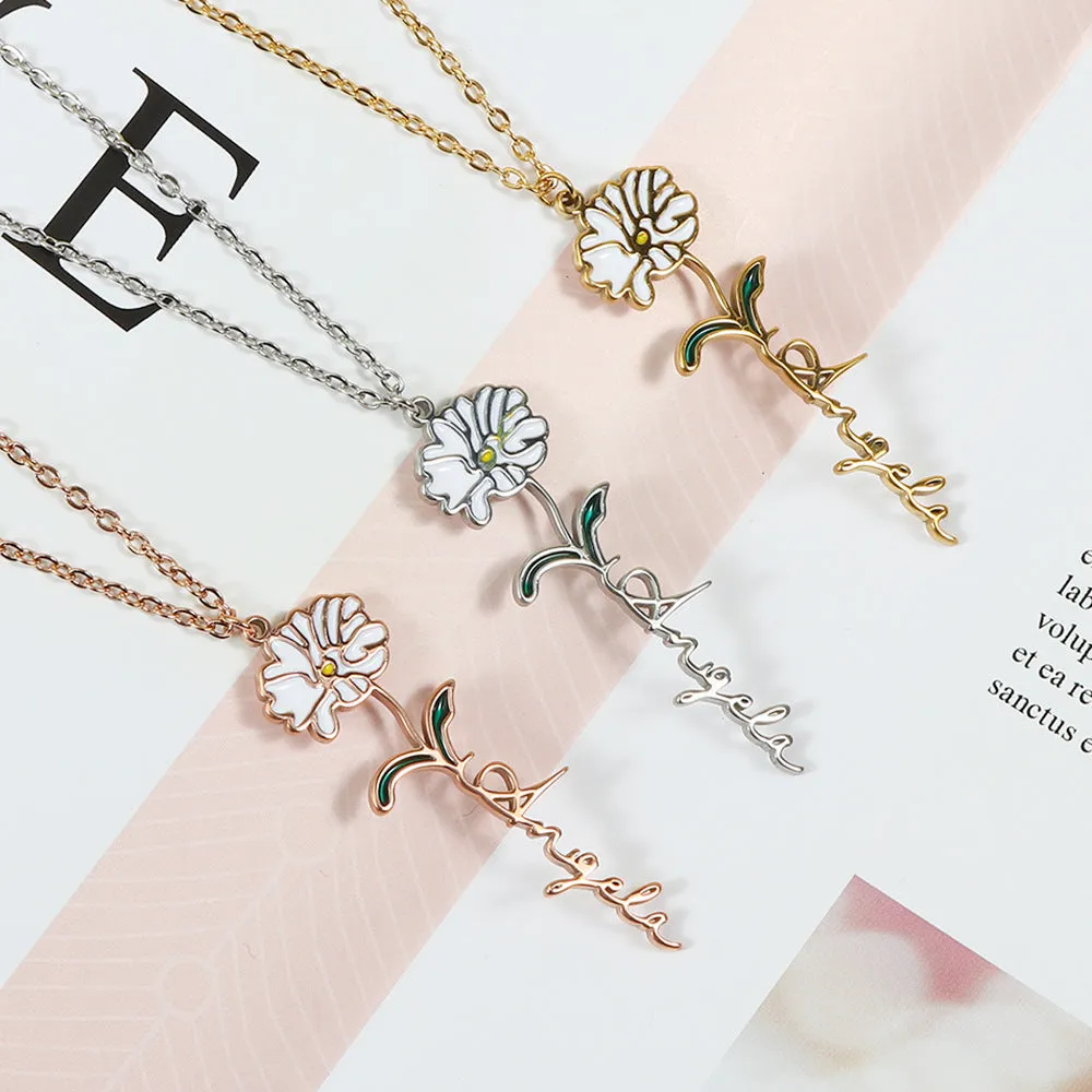 Enamel Birth Flower Name Necklace Dainty Name Necklace With Birth Flower