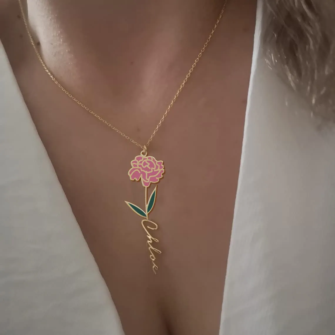 Enamel Birth Flower Name Necklace Dainty Name Necklace With Birth Flower