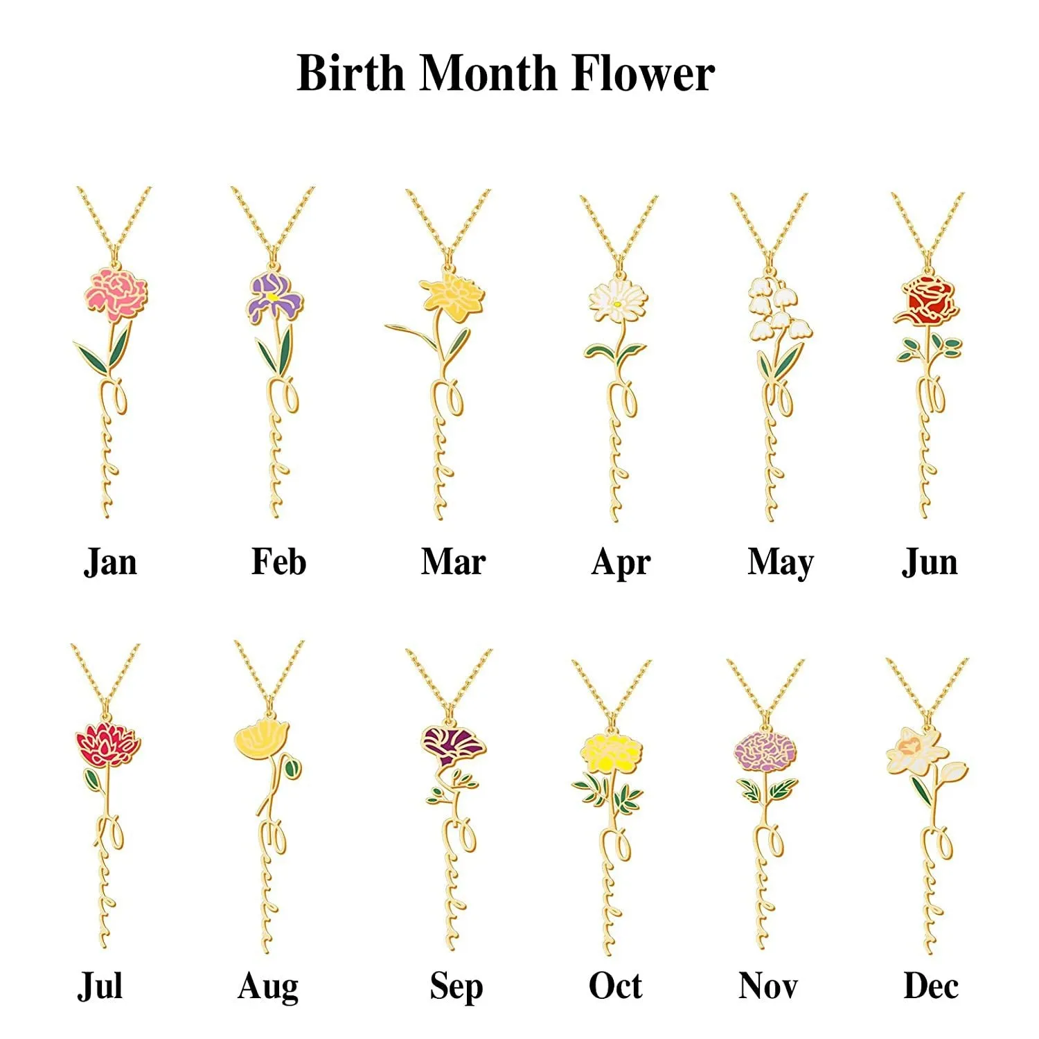 Enamel Birth Flower Name Necklace Dainty Name Necklace With Birth Flower