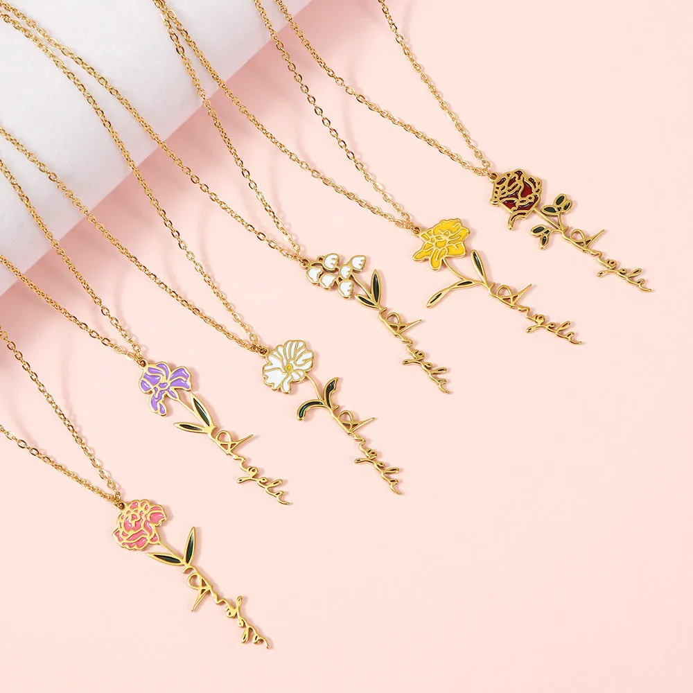 Enamel Birth Flower Name Necklace Dainty Name Necklace With Birth Flower