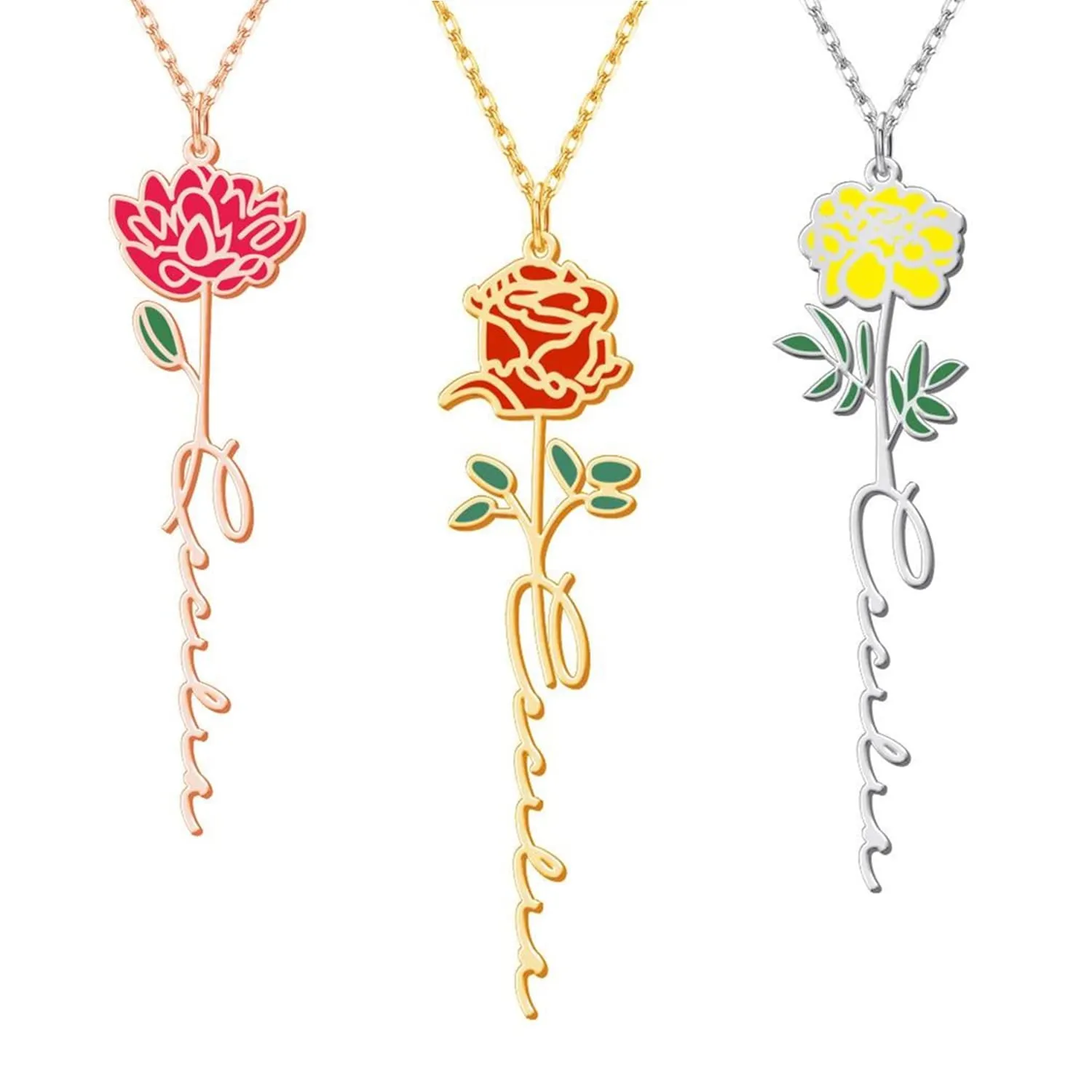Enamel Birth Flower Name Necklace Dainty Name Necklace With Birth Flower