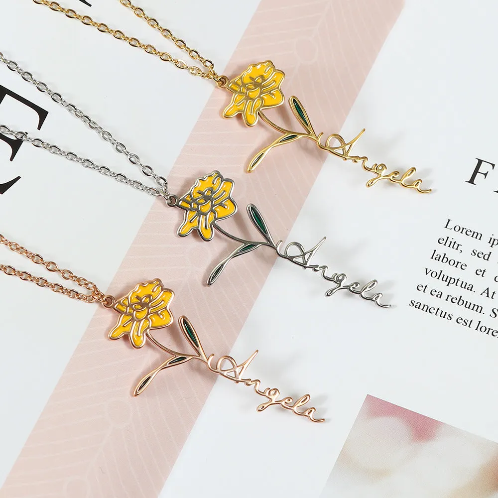 Enamel Birth Flower Name Necklace Dainty Name Necklace With Birth Flower