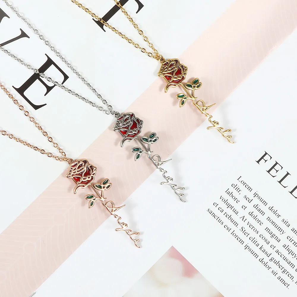 Enamel Birth Flower Name Necklace Dainty Name Necklace With Birth Flower