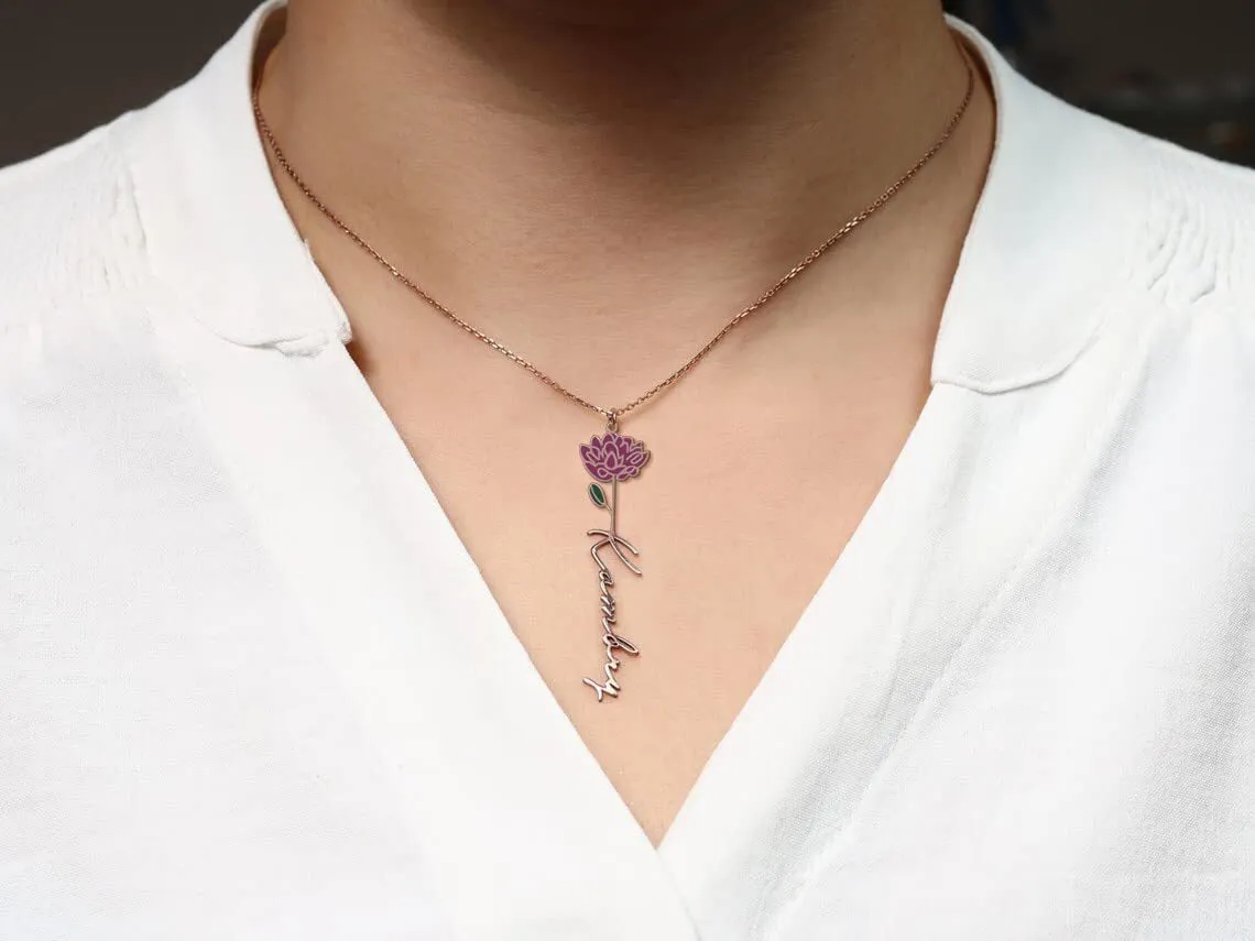 Enamel Birth Flower Name Necklace Dainty Name Necklace With Birth Flower