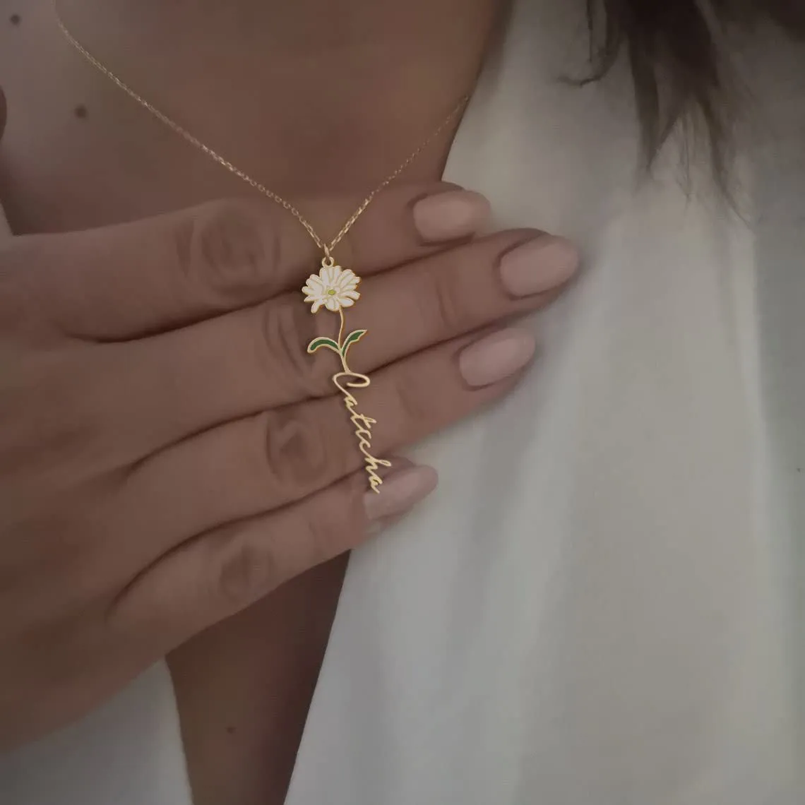 Enamel Birth Flower Name Necklace Dainty Name Necklace With Birth Flower