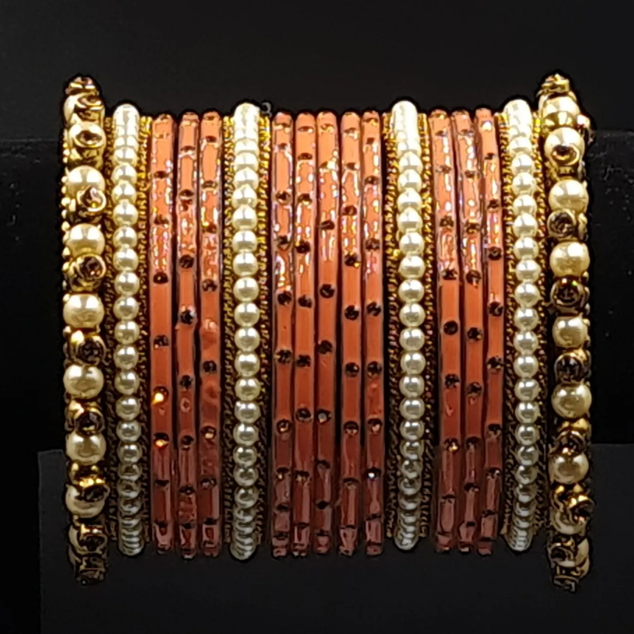 Ethnic royal peach bangles with beaded pearl kangan