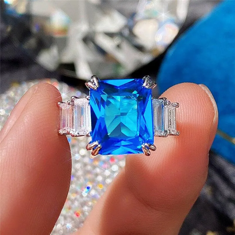 Excellent New Arrival Luxury Blue Yellow Color Rectangle AAA  CZ Diamonds Fashion Rings