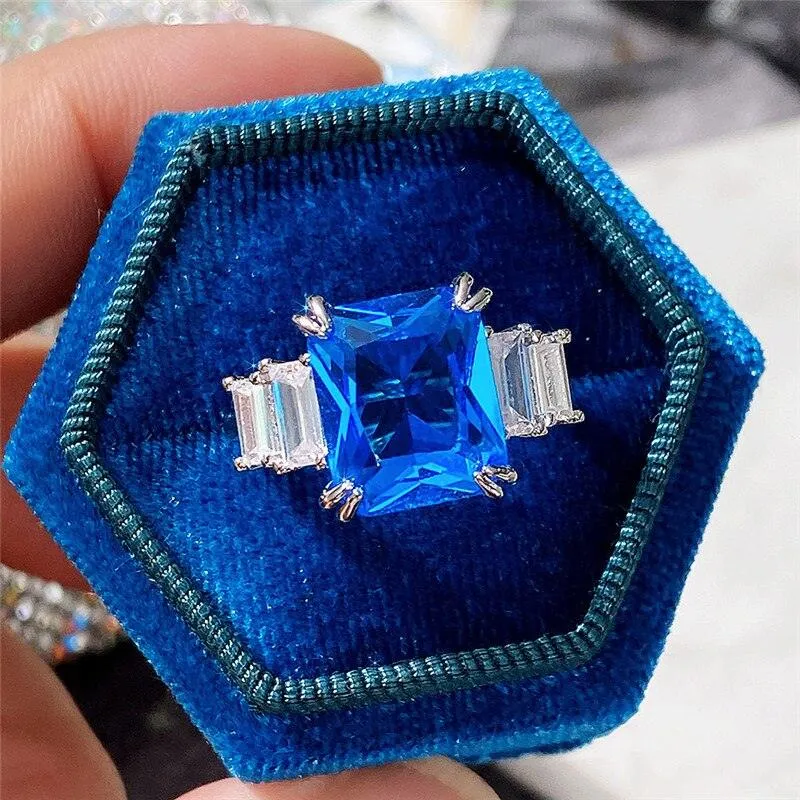 Excellent New Arrival Luxury Blue Yellow Color Rectangle AAA  CZ Diamonds Fashion Rings