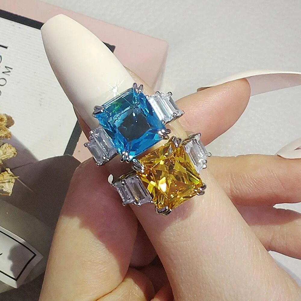 Excellent New Arrival Luxury Blue Yellow Color Rectangle AAA  CZ Diamonds Fashion Rings