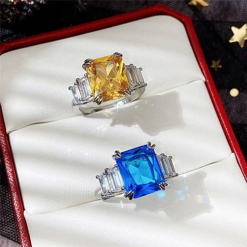 Excellent New Arrival Luxury Blue Yellow Color Rectangle AAA  CZ Diamonds Fashion Rings