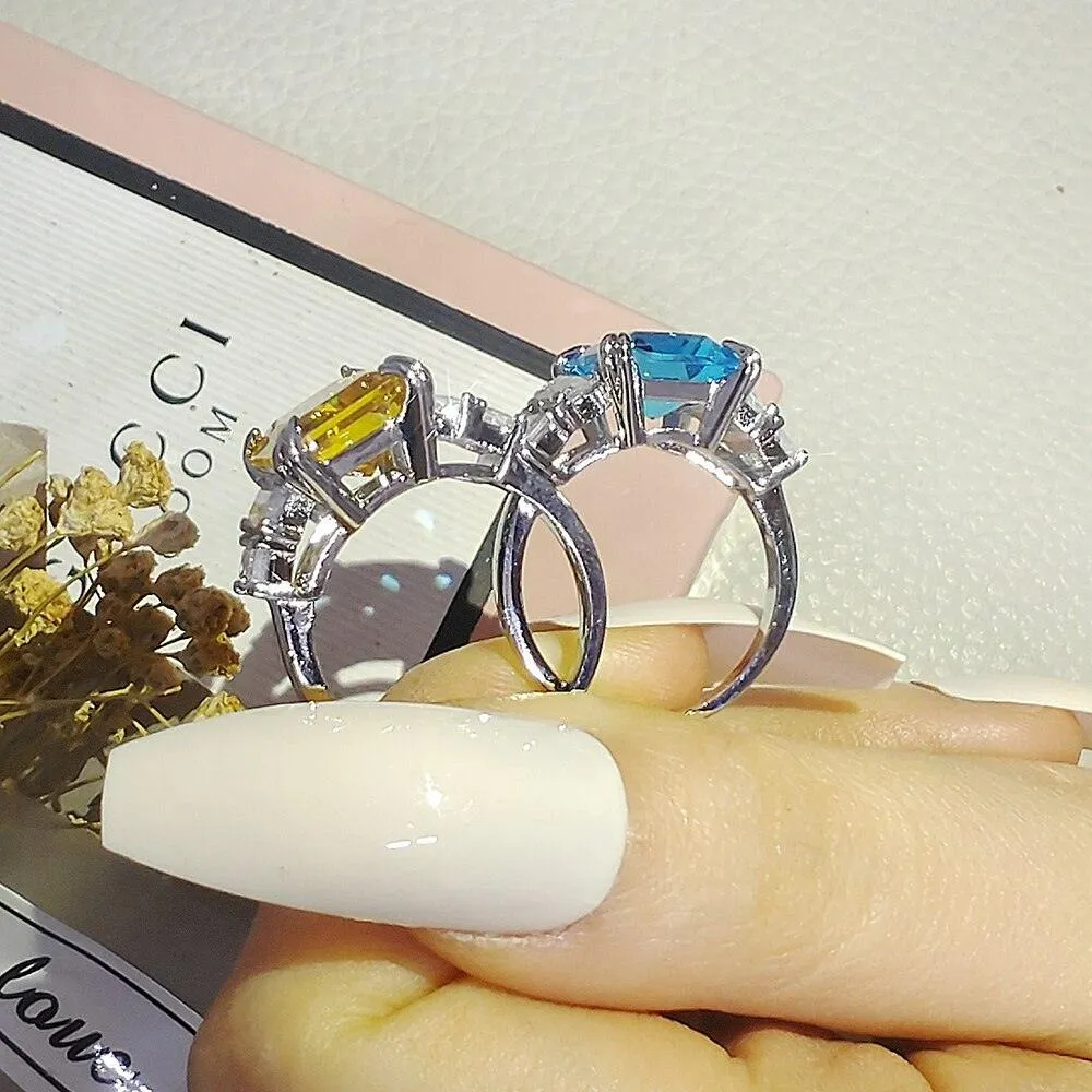 Excellent New Arrival Luxury Blue Yellow Color Rectangle AAA  CZ Diamonds Fashion Rings