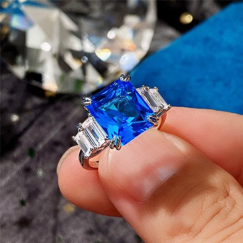 Excellent New Arrival Luxury Blue Yellow Color Rectangle AAA  CZ Diamonds Fashion Rings