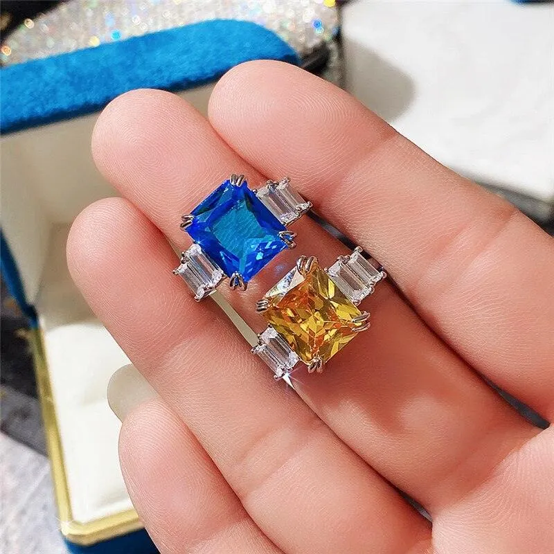 Excellent New Arrival Luxury Blue Yellow Color Rectangle AAA  CZ Diamonds Fashion Rings
